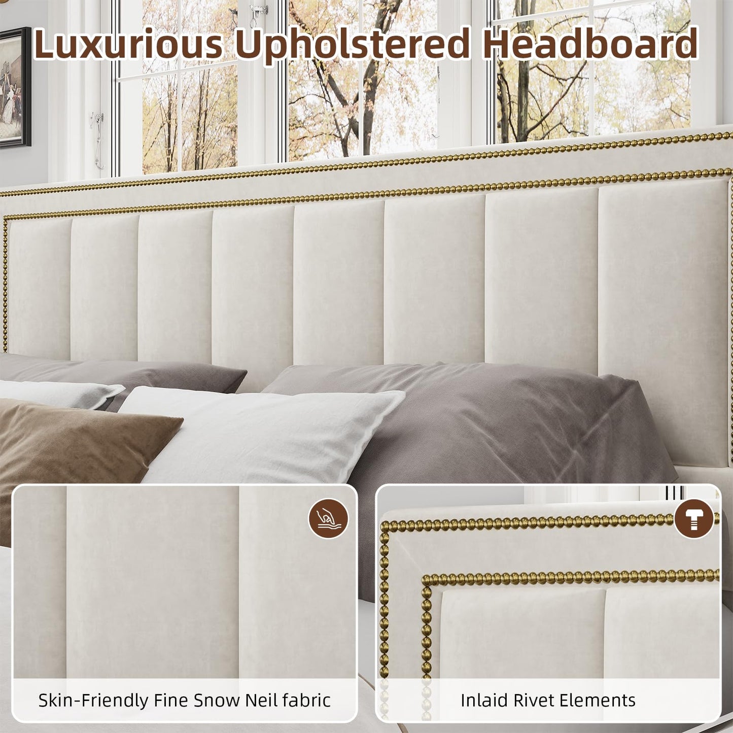 BarnFurin King Size Size Bed Frame with 50" Tall Headboard and Footboard, Chenille Upholstered Bed Frame, Vertical Channel Tufting with Nailhead Trim, No Box Spring Needed, Easy Assembly, Beige