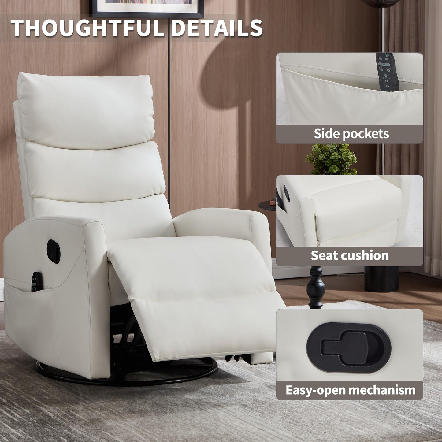 KEIKI 4-in-1 Manual Swivel Rocker Recliner Chair for Home Living Room, Faux Leather Chair with Back Massager & Heat, Home Theater Seating with Lumbar Support, Cozy Reading Chairs for Adults, White