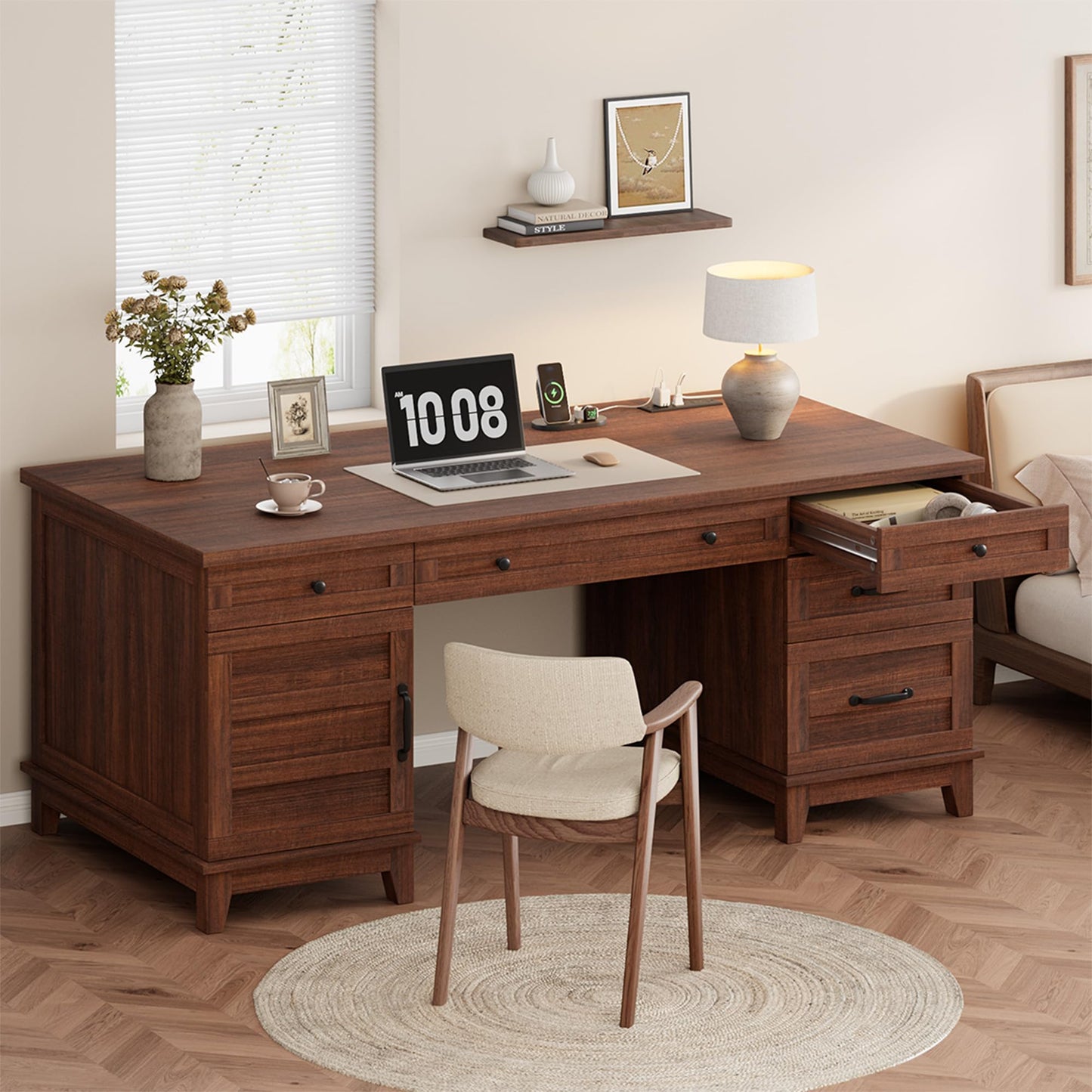 Garvee 60" Wooden Home Office Desk with File Drawers, Executive Desk with Adjustable Cabinet, Farmhouse Wood Desk with Power Outlet, Distressed Study and Work Table, Rustic Brown