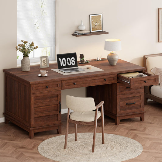 Garvee 60" Wooden Home Office Desk with File Drawers, Executive Desk with Adjustable Cabinet, Farmhouse Wood Desk with Power Outlet, Distressed Study and Work Table, Rustic Brown