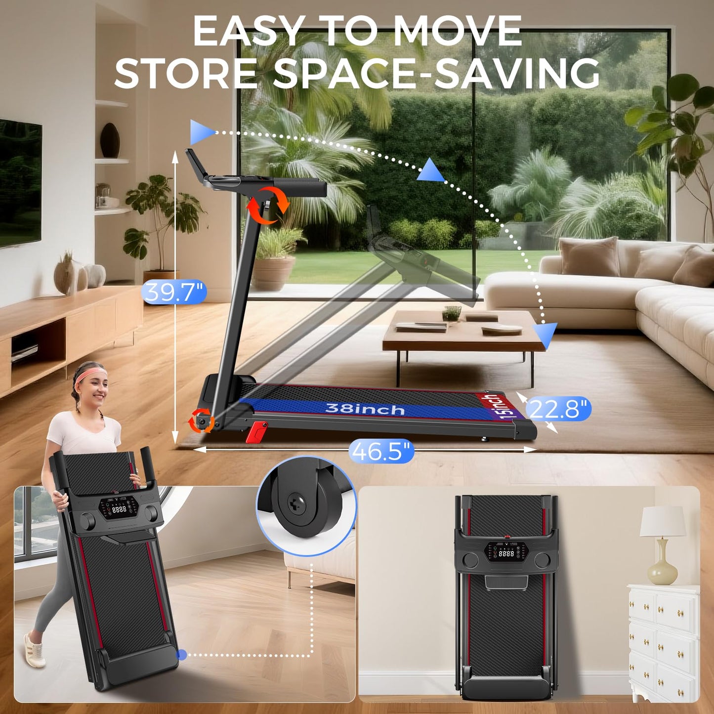 Treadmill with Incline 3-in-1 Portable Treadmills for Home Small, Incline Walking Pad Treadmill with Handle Bar, Walking Pad Foldable with 3.0HP Quiet Brushless, LED Dispay, 300LBS Capacity Black