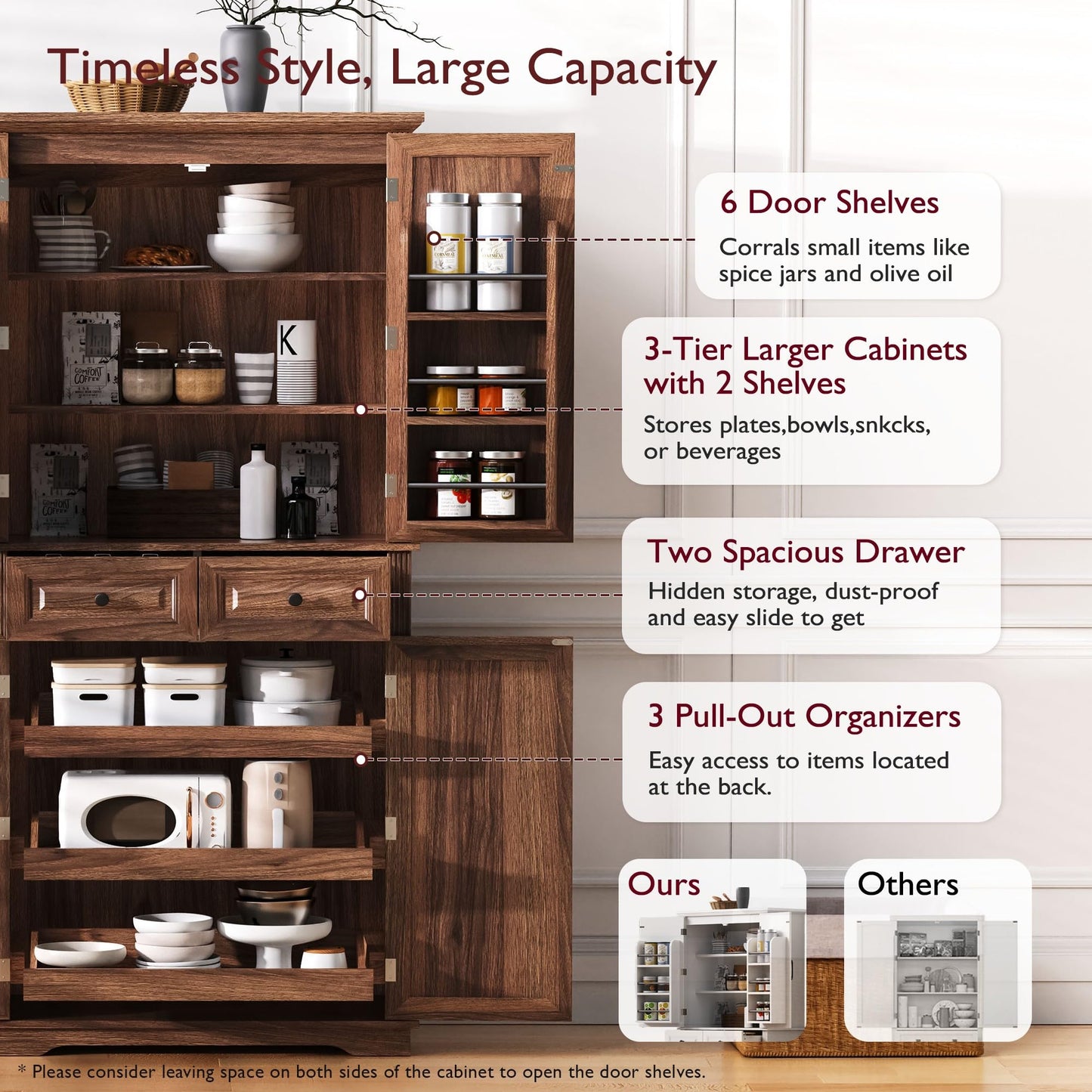 GDFStudio Hakf 71" Tall Kitchen Pantry Cabinet, 3 Pull Out Pantry Cabinet Organizers, Spacious Storage Organizer with 6 Door Shelves, 2 Drawers, Freestanding Cupboard for Kitchen Dining Room, Brown