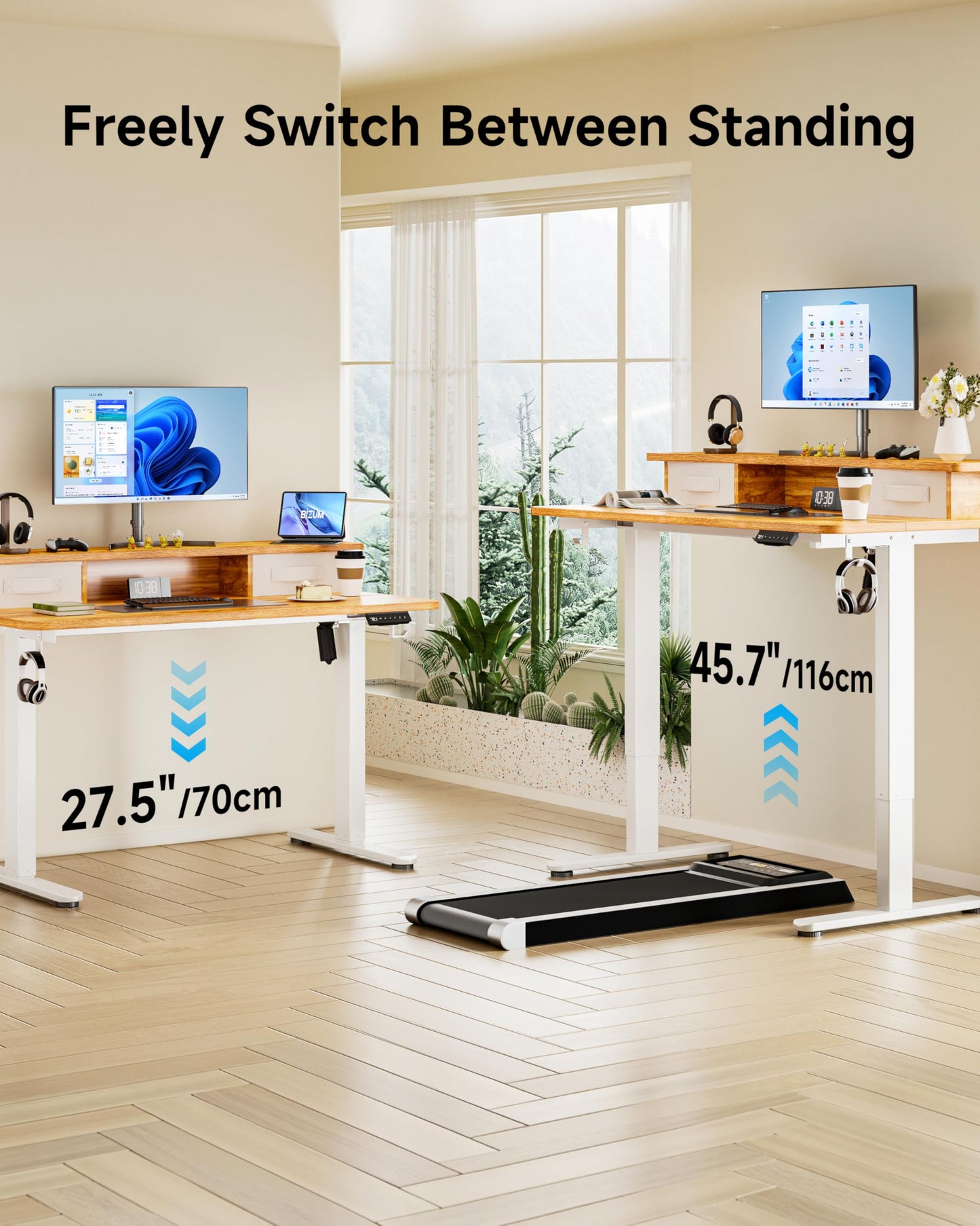 BIZUM Standing Desk with 2 Drawers Computer Desk-Stand up Desk Home Office Gaming Memory Desks C-Clamp Mount Compatible, 48x24 Inch Light Rustic Brown