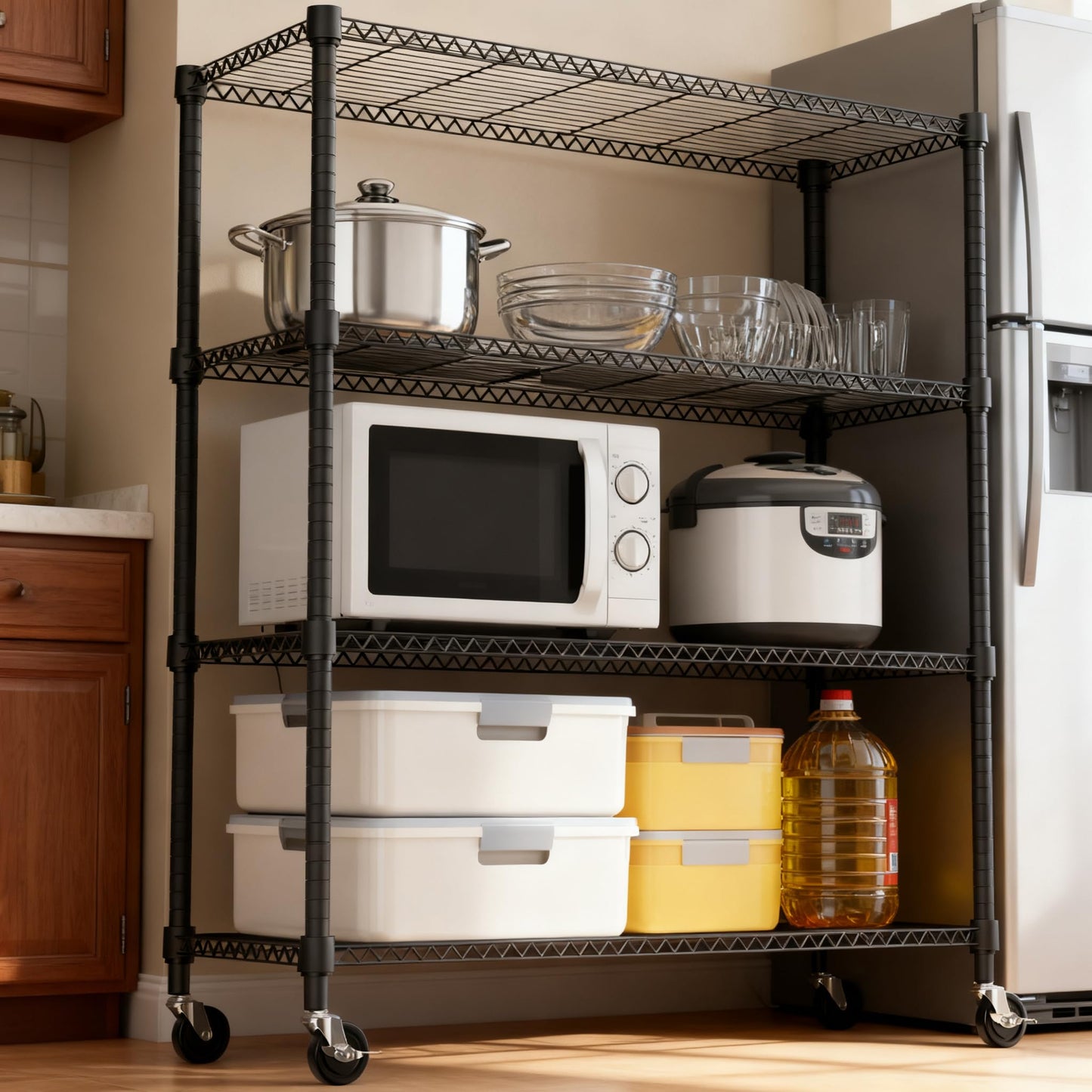 M MZG 1400LBS 47.2" W 4 Tiers Storage Shelves Metal Shelving Unit with Wheels Heavy Duty Garage Shelving Adjustable Wire Shelves for Pantry,Kitchen,Garage,Basement,Black 17.7" D x 47.2" W x 62.7" H
