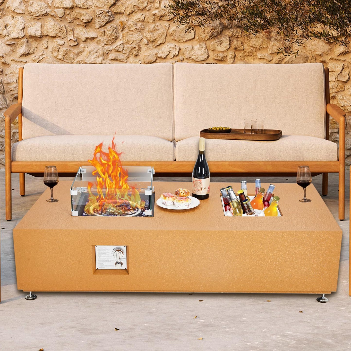56" Propane Fire Pit Table with Ice Bucket, 50,000 BTU Dual-Use Outdoor Heater Set w/Wind Guard & Fire Glass for Patio, Backyard, Home, Parties