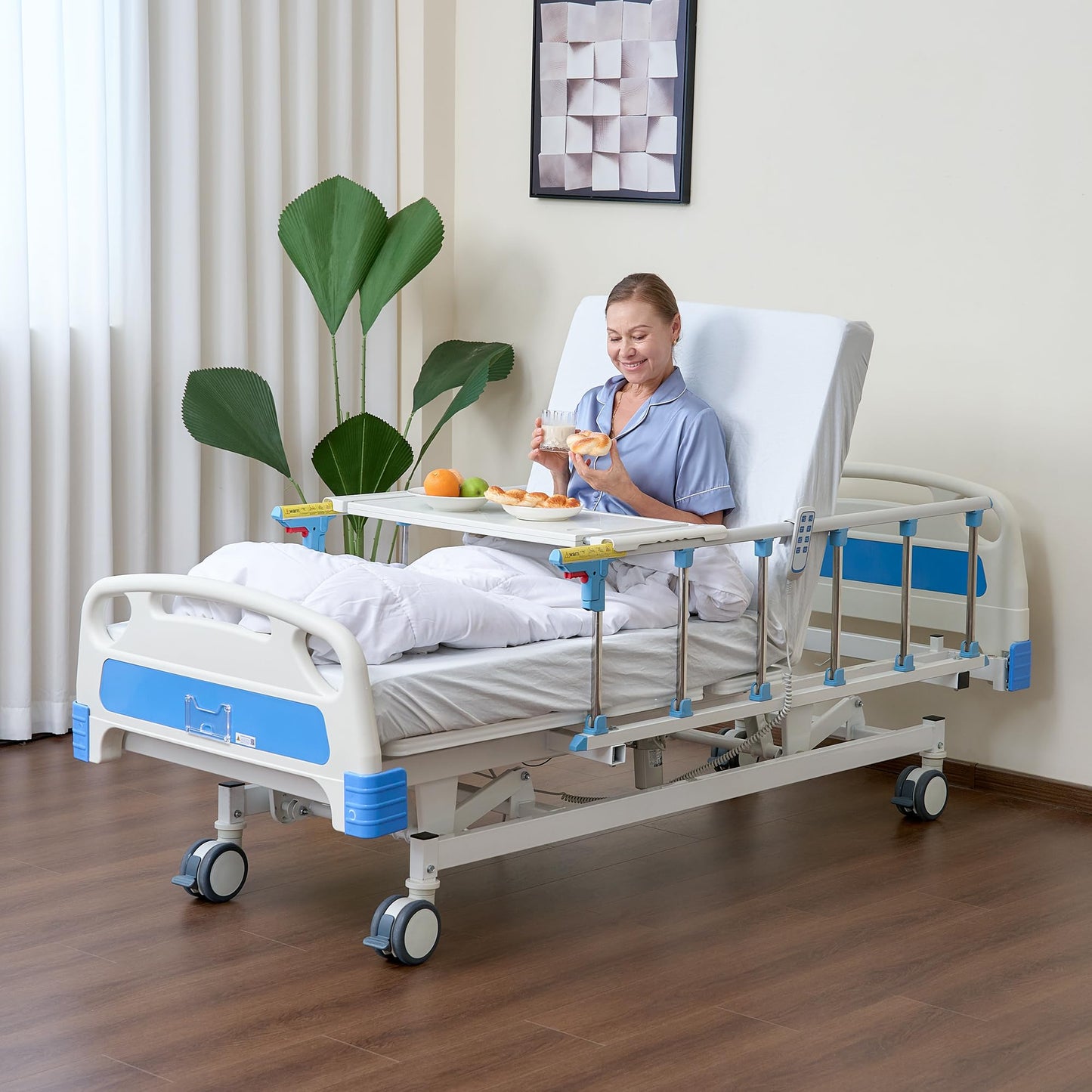 ELENKER Full Electric Hospital Bed for Home Use, ICU Medical Bed, Premium 3 Function Hospital ICU Bed with Remote Control, IV Pole, Mattress, Dining table, Lockable Quiet Casters, Includes Sheets (2X)