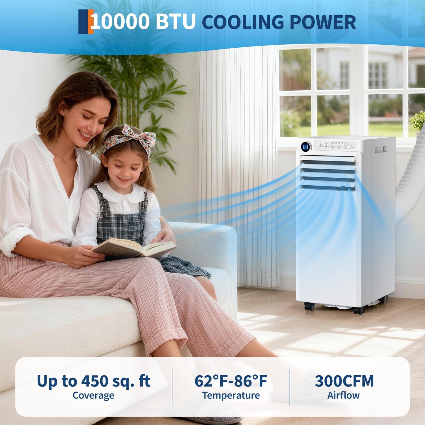 Portable Air Conditioners 10,000 BTU, 4-IN-1 Portable AC Unit for Rooms to 450 Sq. Ft. with Cooling, Dehumidifier, Fan & Sleep Modes, LED Display, 24H Timer, Remote Control, Installation Kits Included