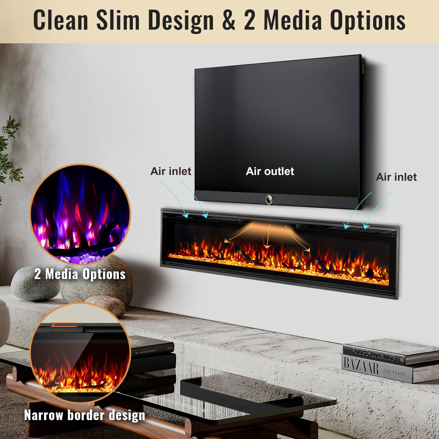 TUAN 60 Inch Electric Fireplace,Ultra-Thin Electric Fireplace Inserts,Recessed & Wall-Mounted Fireplace, Adjustable Flame, Remote Control - Linear with Timer, 750/1500W