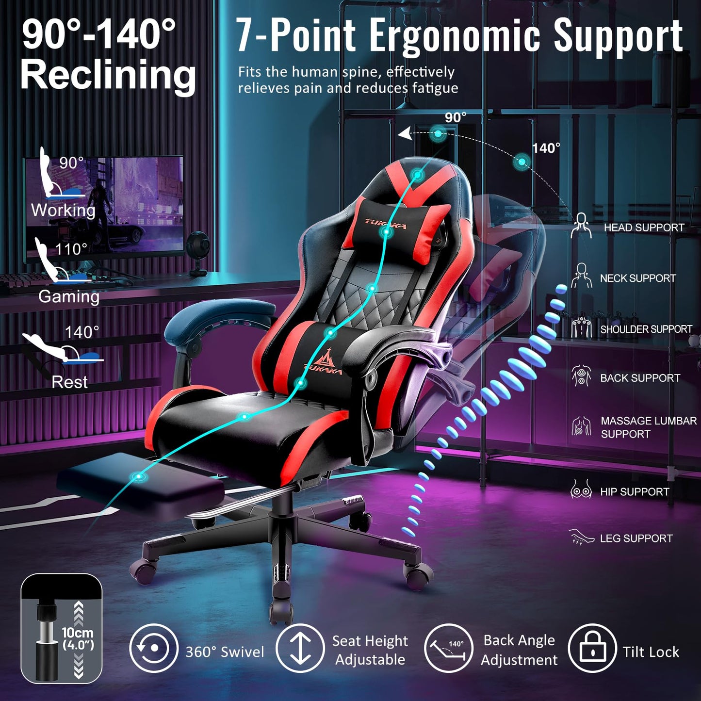 TUKAKA Gaming Chair,Ergonomic Massage Computer Office Desk Chair with Footrest,Pocket Spring Cushion,Reclining Leather Adjustable Gamer Chair with Headrest and Lumbar Support,Red