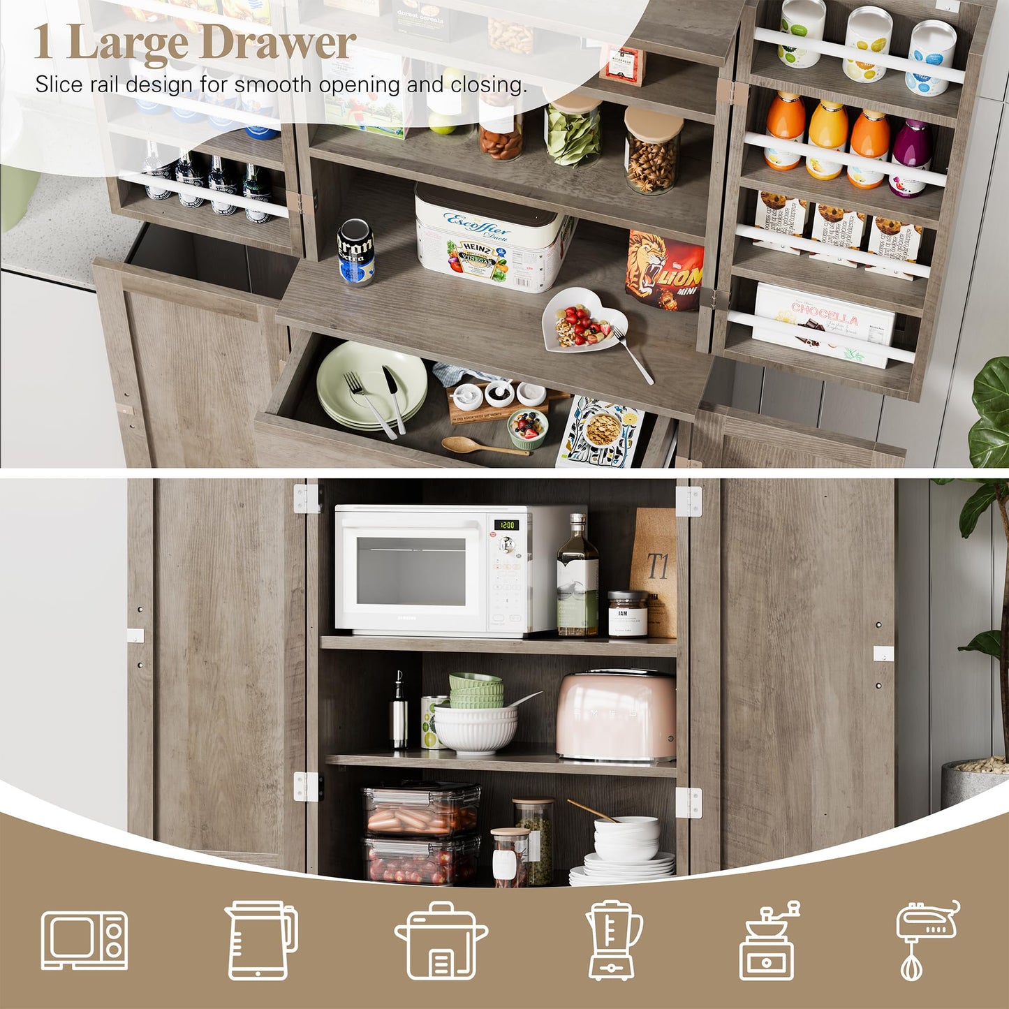Vongrasig Kitchen Pantry Storage Cabinet with Barn Doors, Drawer and Adjustable Shelves, 6-Tier Tall Rustic Wood Cupboard Locker for Kitchen, Dining Room, Living Room, Bathroom, Rustic Grey