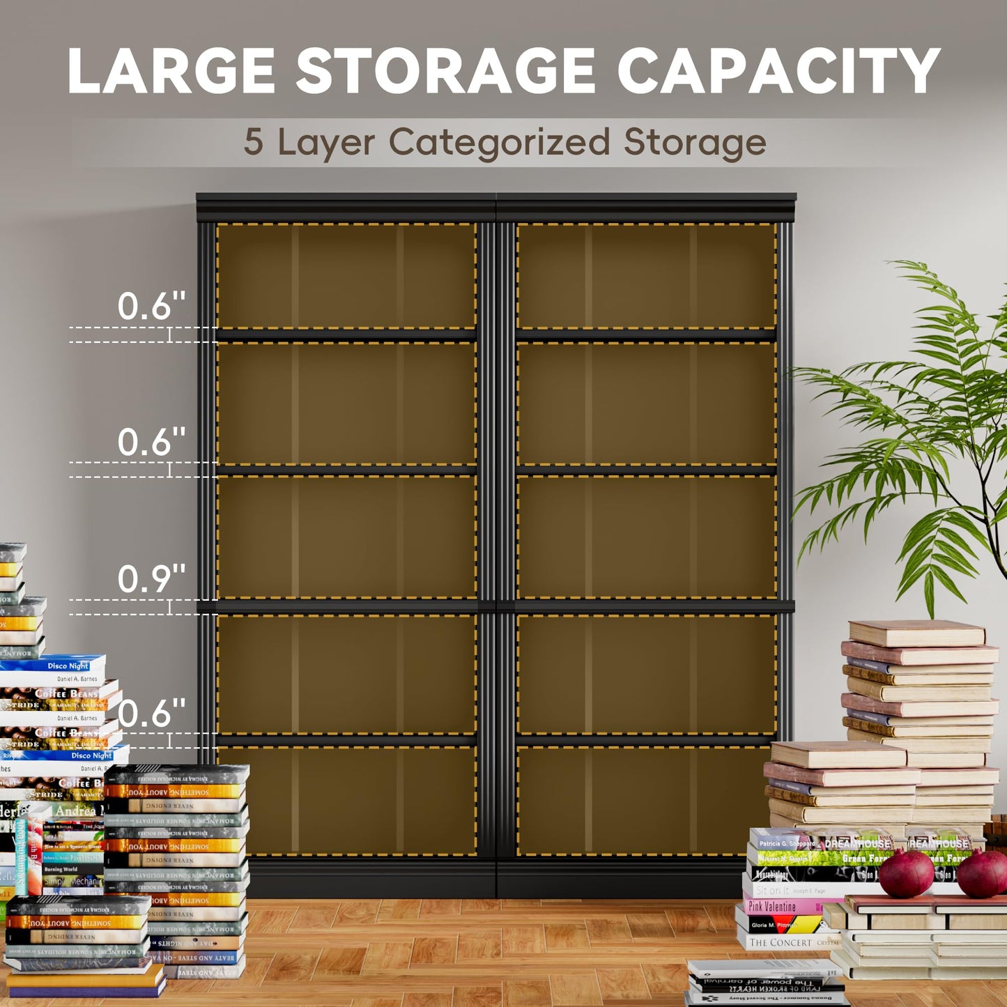 YESHOMY 72" Bookcase and Bookshelf, 5-Tier Wood Bookcases with Shelves, Tall Floor Standing Book Shelf Storage Cabinet Home Decor Furniture for Living Room, Home Office, Black, 2 PCS