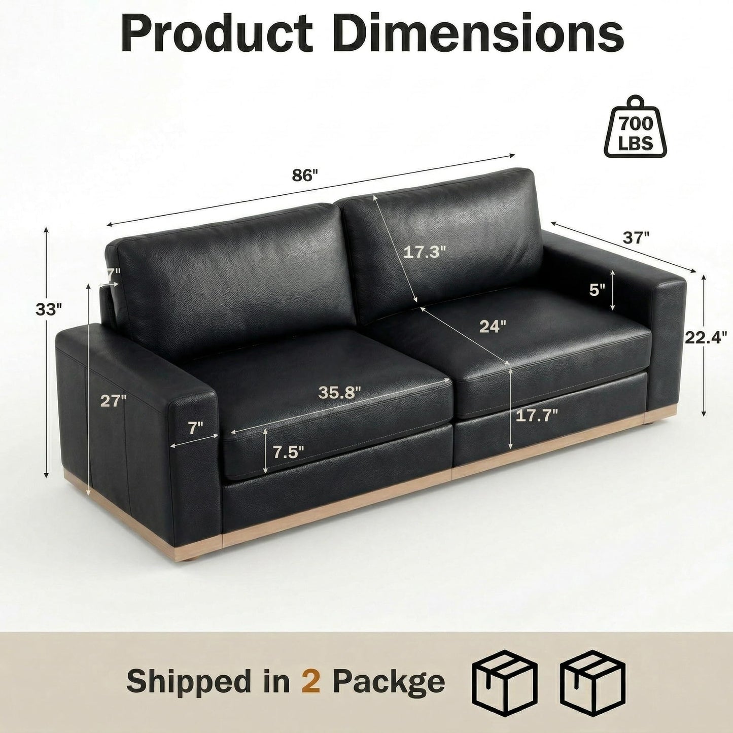 WEUP 86" Modern Single Sofa for Living Room,2 Seater Deep Seat Modular Sofa Couch,PU Leather,Solid Wood Frame,Spring Cushions, Removable Covers,Tool-Free Assembly for Small Spaces,Black