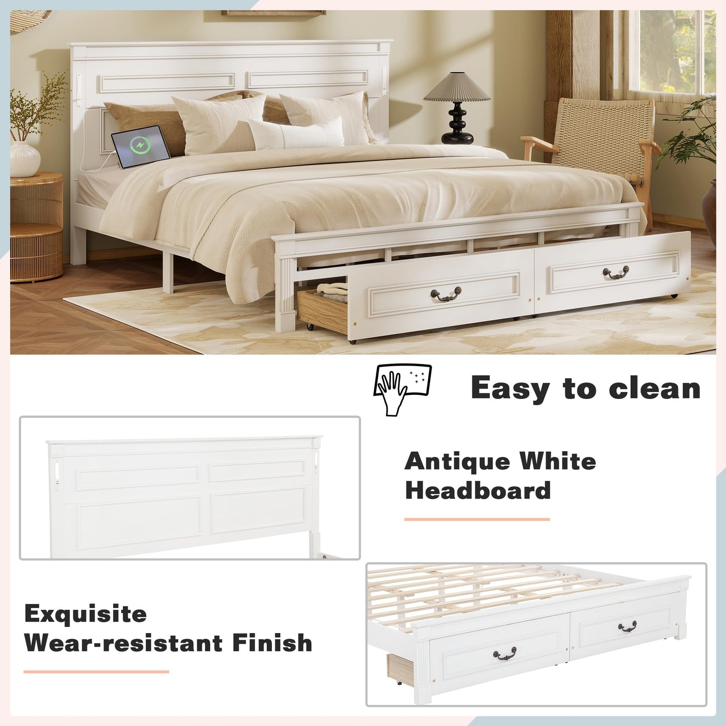 KEIKI Queen Size Farmhouse Bed Frame with 2 Storage Drawers & LED Lights & USB-C Charging Ports, Solid Wood Platform Bed with Tall Panel Headboard & Footboard, No Box Spring Needed, White