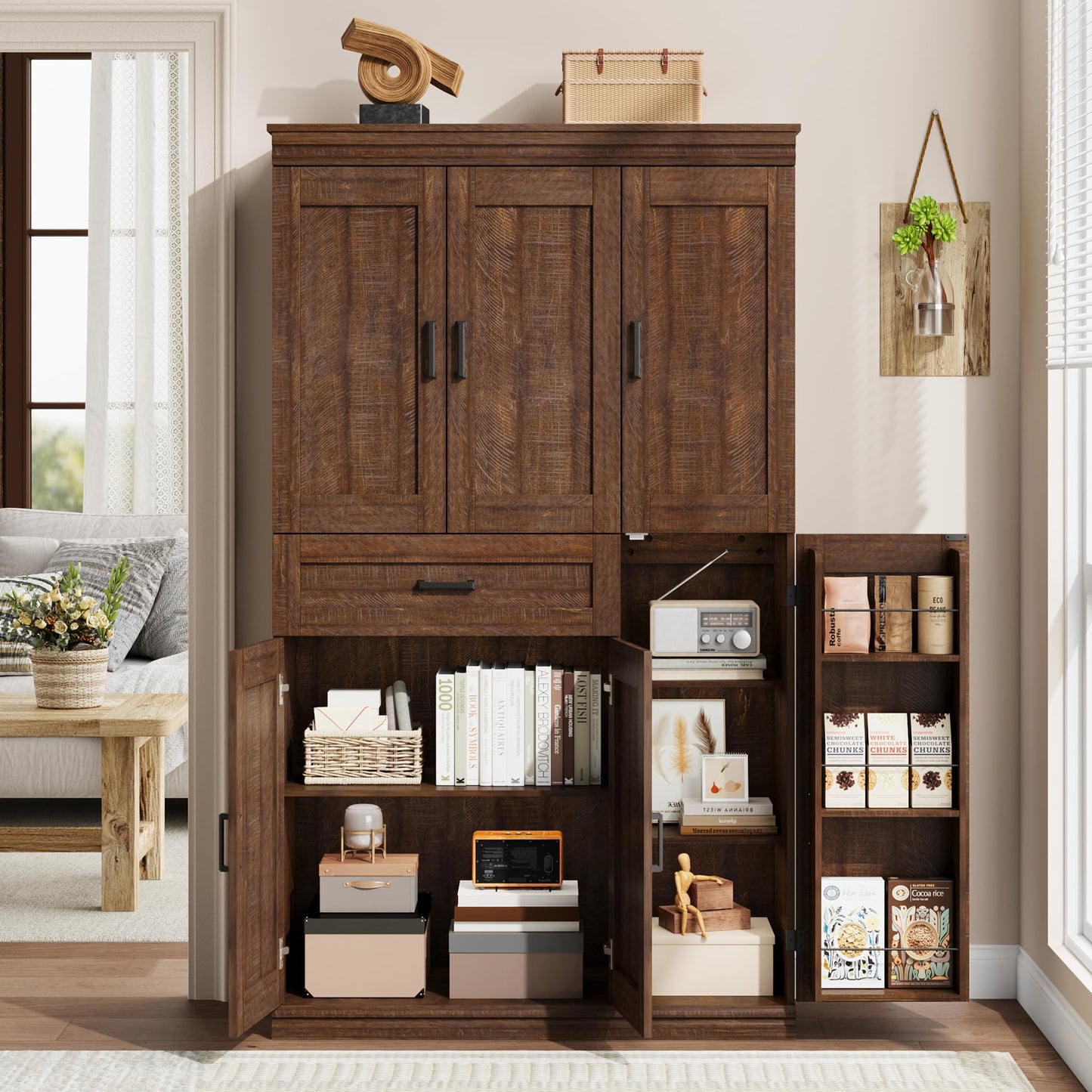 Garvee 70" Tall Kitchen Pantry Storage Cabinet, Modern Kitchen Hutch Cabinet with Doors and Shelves, Freestanding Food Pantry with Large Storage Drawer for Dining Room and Household Organization
