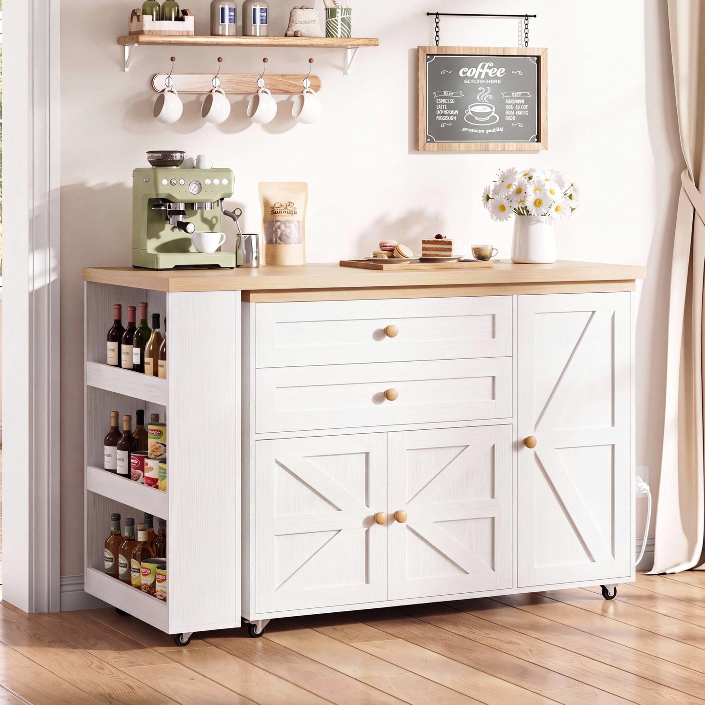 IRONCK Kitchen Island with 360° Swivel Table, Rolling Island with Storage, Kitchen Cart with Spacious Drawer, Storage Cabinets and Spice Rack for Home, Dining Room