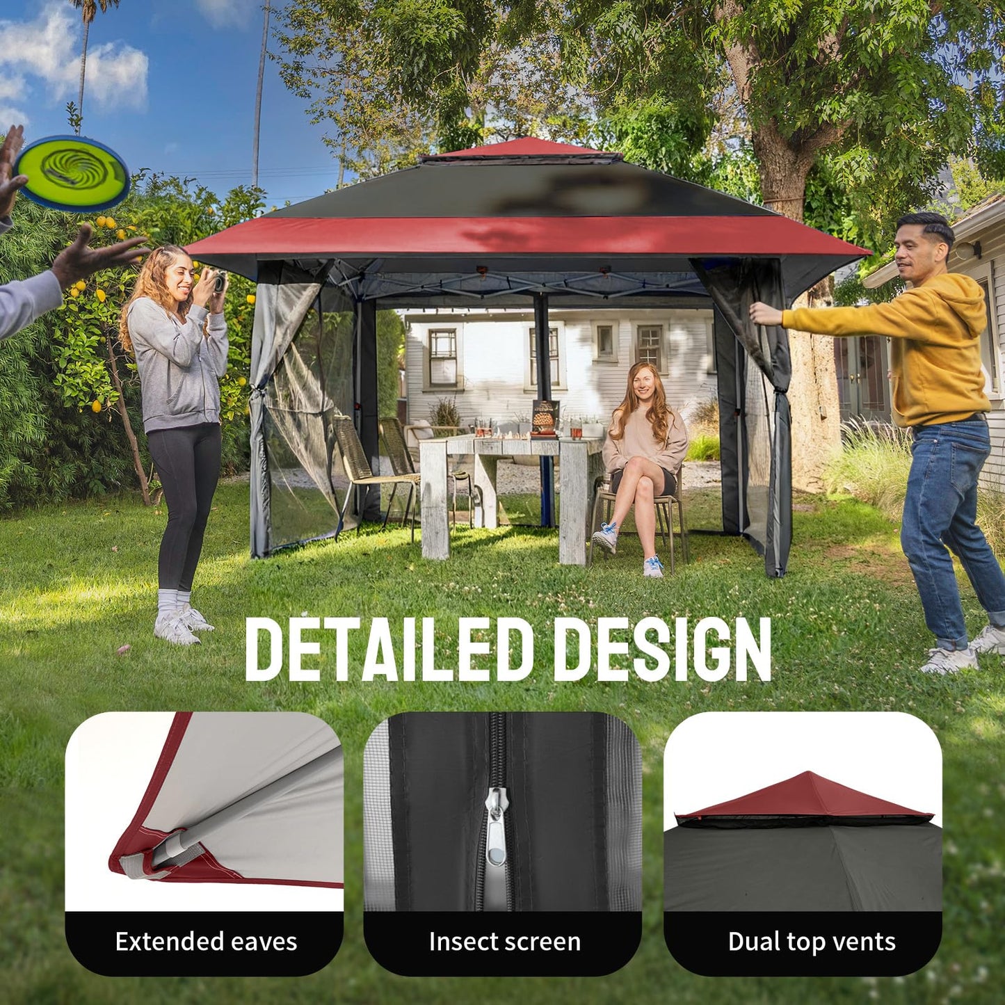 CROWN SHADES 13x13 Pop Up Gazebo, Canopy Tent, Gazebos on Clearance - Outdoor Gazebo for Backyard & Patio Furniture - Carpa Pop Up Tent with Wheeled STO-N-Go Cover Bag (Red & Grey)