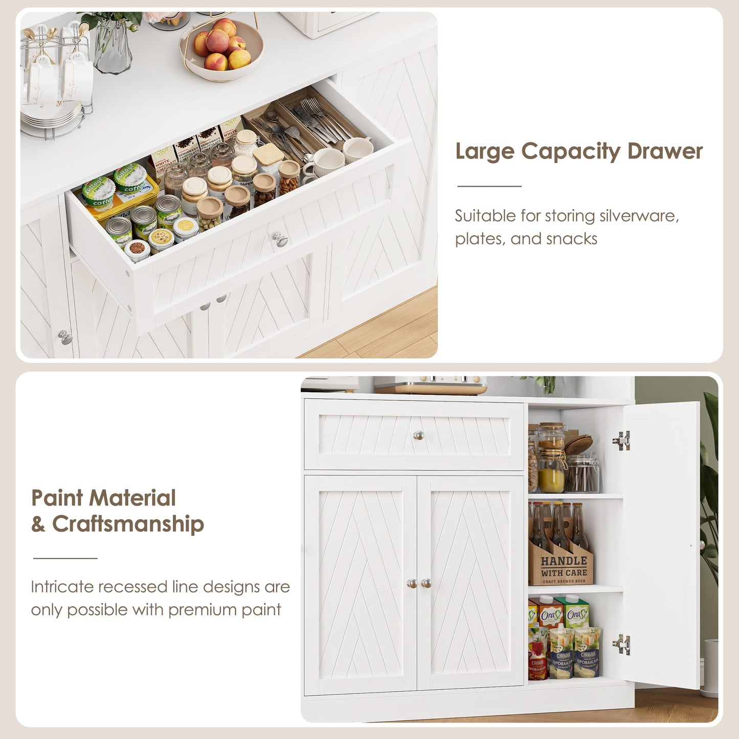 BOTLOG 72" Tall Kitchen Pantry Cabinet, 55.1" Wide Large Kitchen Hutch with Microwave Countertop, Coffee Bar Station with Drawer & Doors, White Freestanding Buffet Cupboard for Dining Room