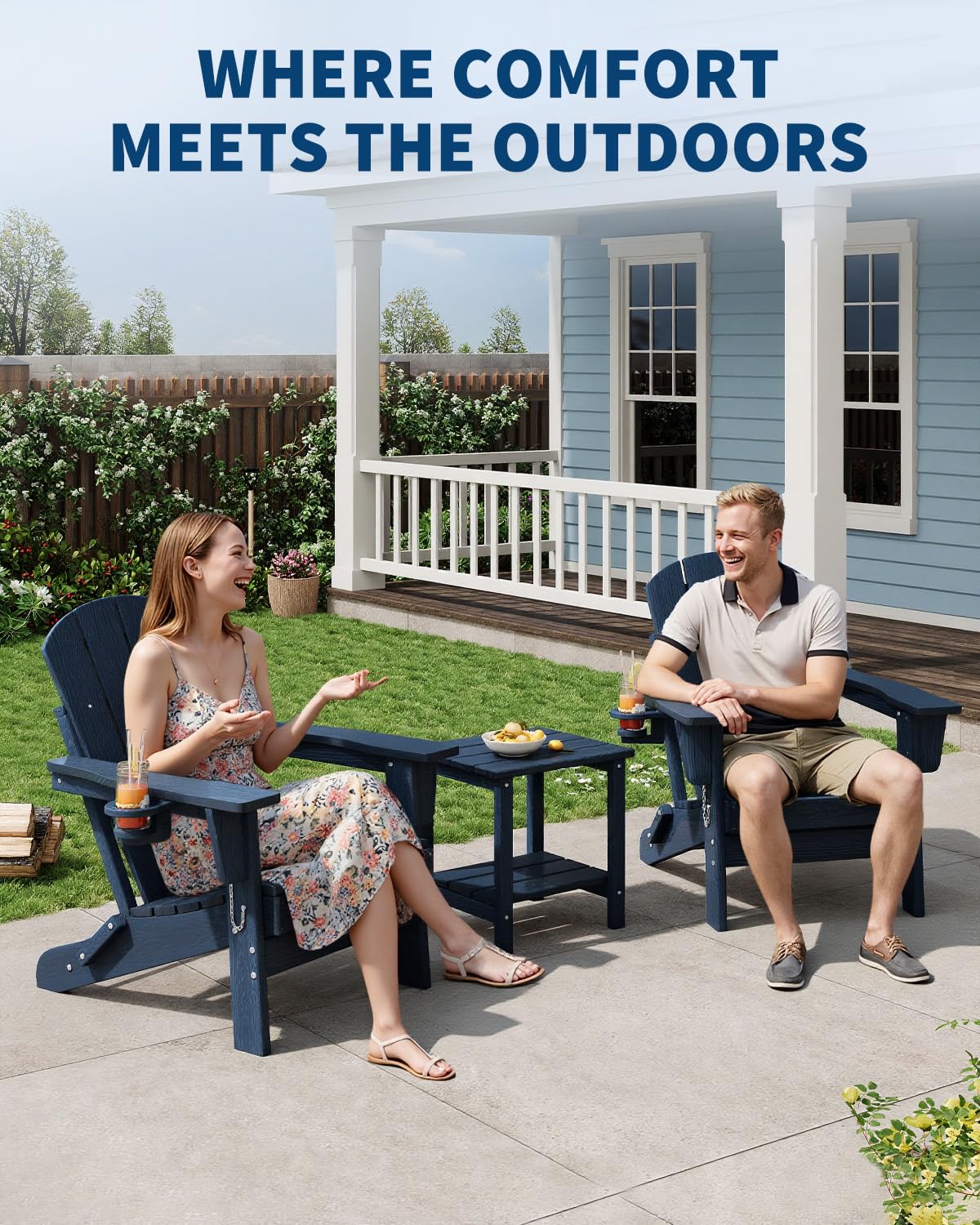 GarveeLife Folding Adirondack Chair Set of 2 with Side Table, All-Weather HDPE Outdoor Chair, Wooden Textured with Cup Holder for patios, Decks, Gardens, fire pits, Navy Blue