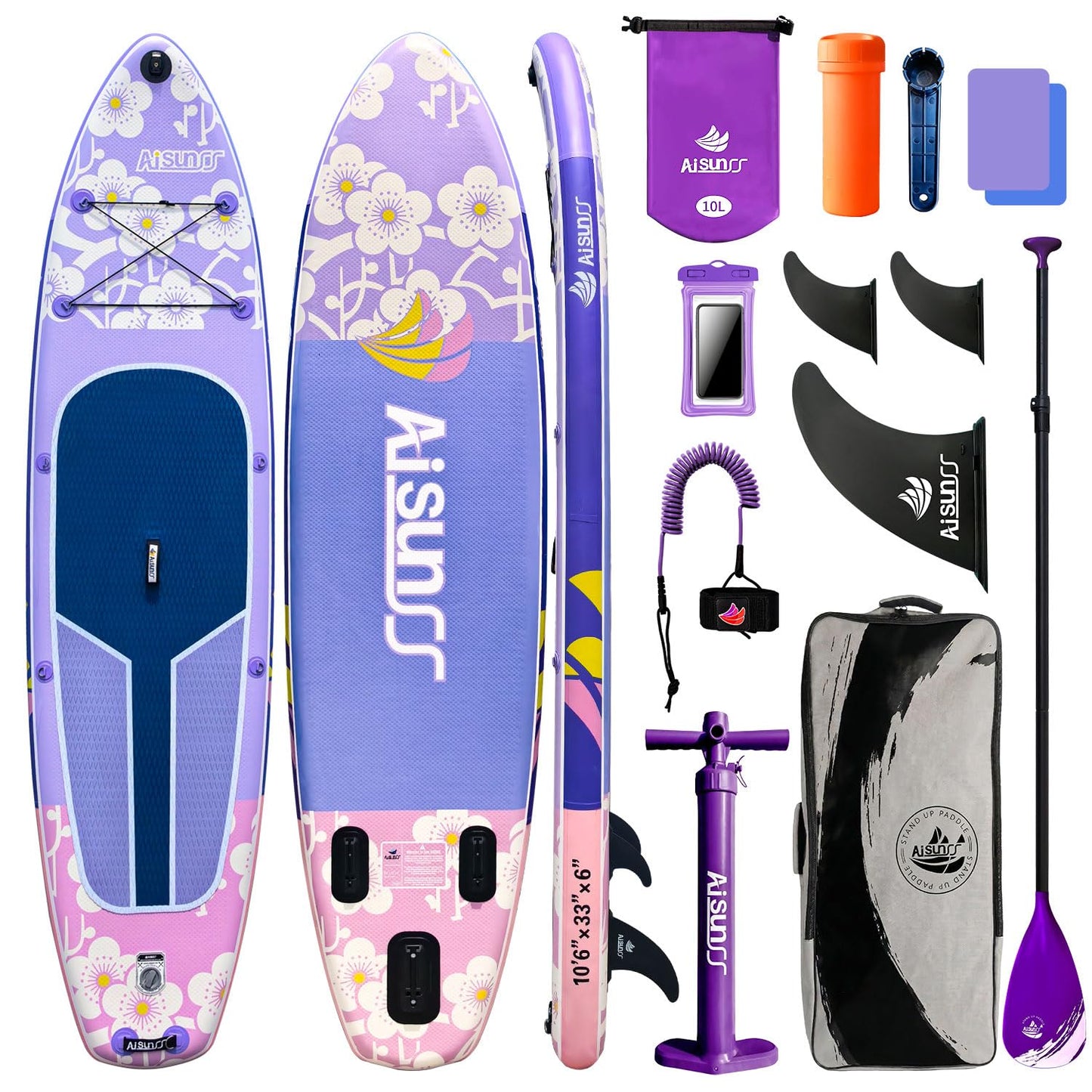 AISUNSS Inflatable Paddle Board for Adult, Paddle Board for All Skill Levels, Wide SUP Board with Primium Accessories Include SUP Carry Bag, Hand Pump, 10L Waterproof Bag (Flowers Light Purple)