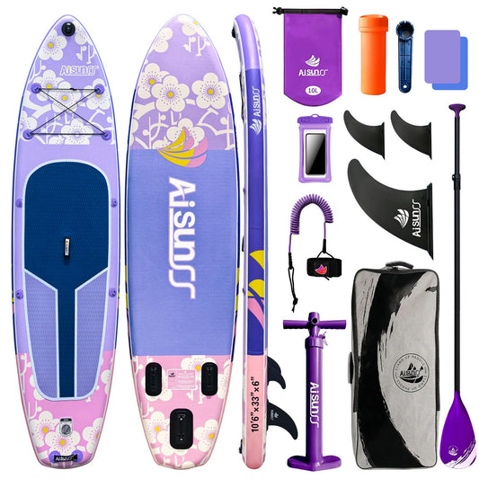 AISUNSS Inflatable Paddle Board for Adult, Paddle Board for All Skill Levels, Wide SUP Board with Primium Accessories Include SUP Carry Bag, Hand Pump, 10L Waterproof Bag (Flowers Light Purple)