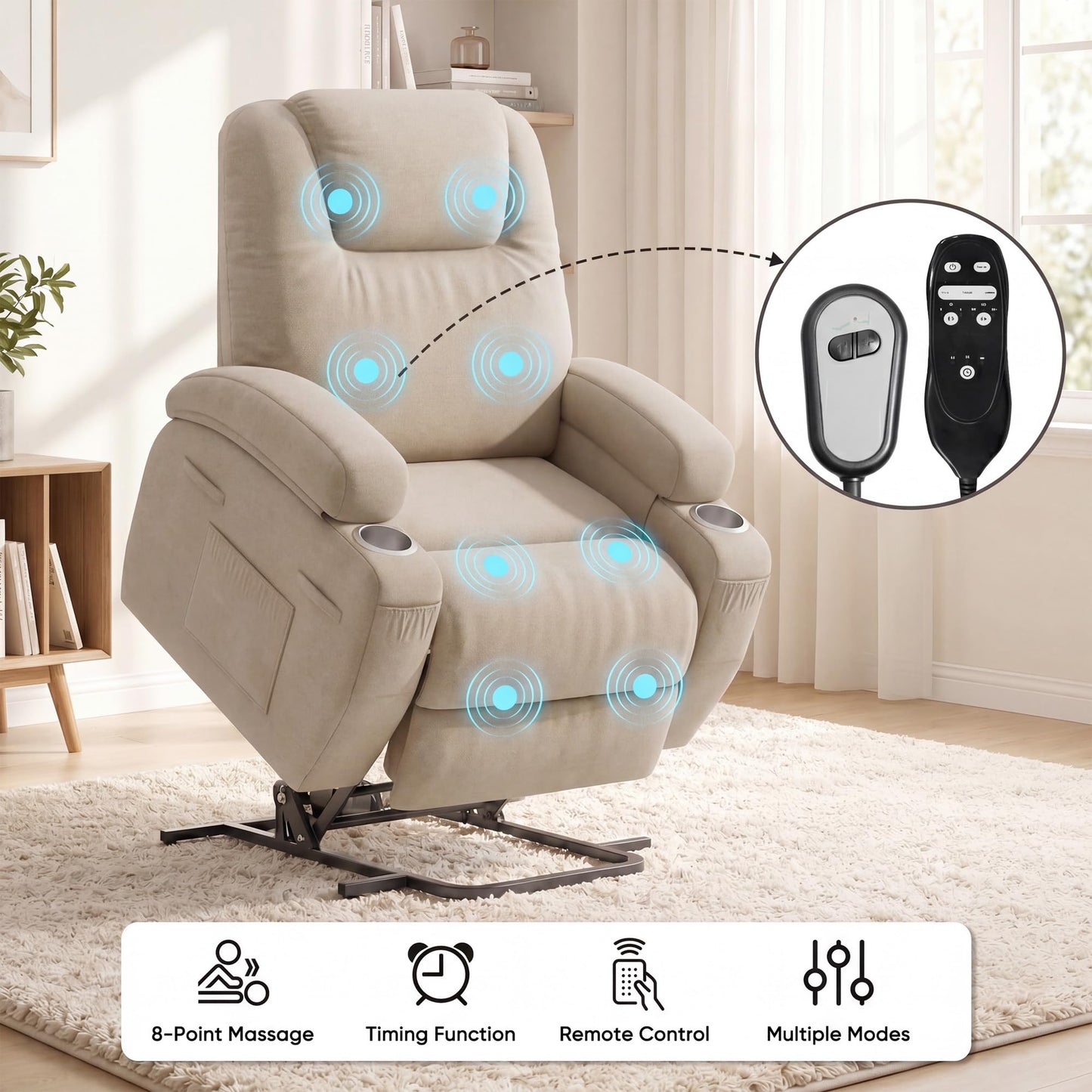 Flamaker Power Lift Chair Massage Recliner Chairs for Elderly - Ergonomic Design with Cup Holders & Side Pockets, Remote Control (Beige)