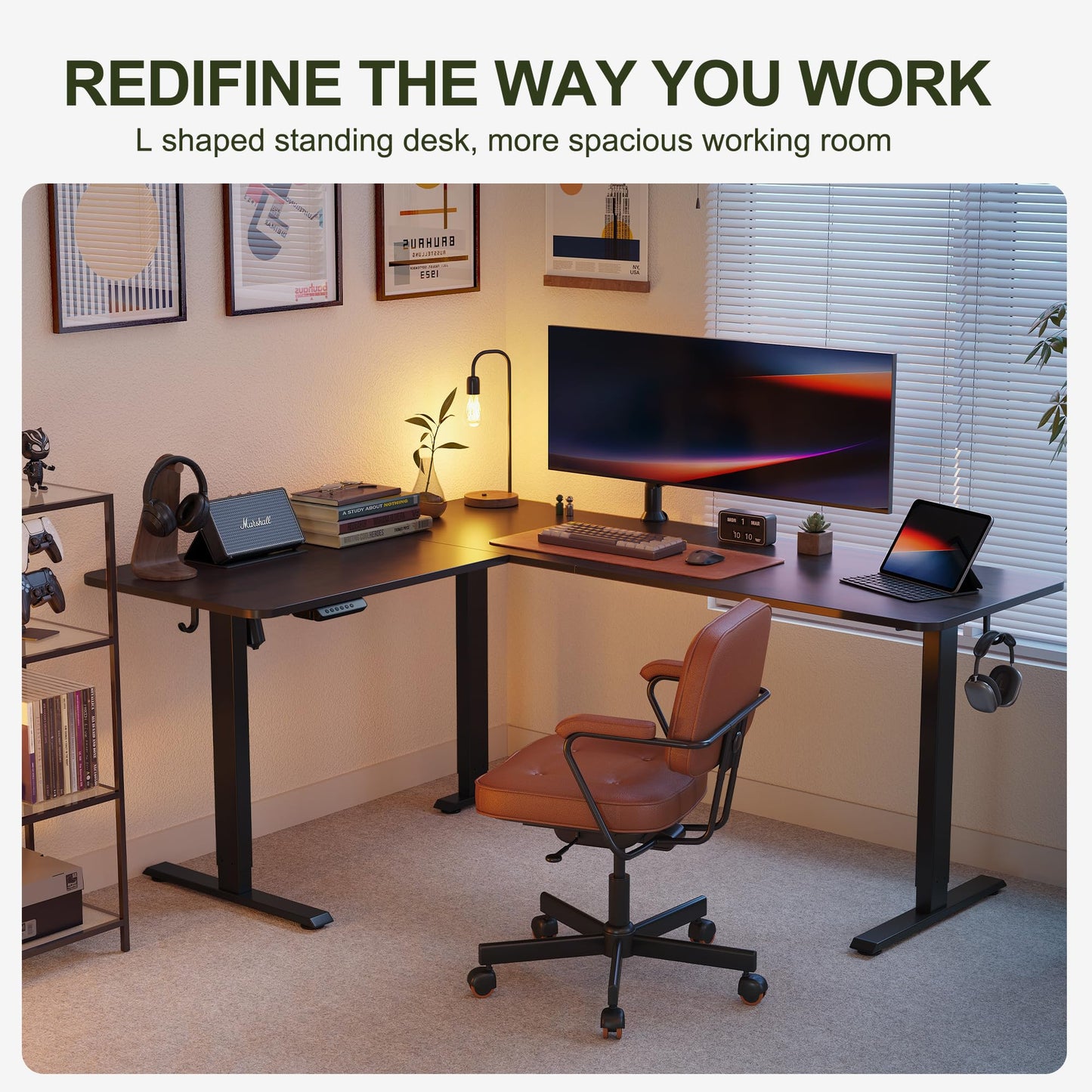 BANTI L-Shaped Standing Desk - 63 x 55 Inch Adjustable Corner Standing Desk with Charging Station - L Shape Sit Stand Table with Memory Controller, Splice Board for Home Office, Black