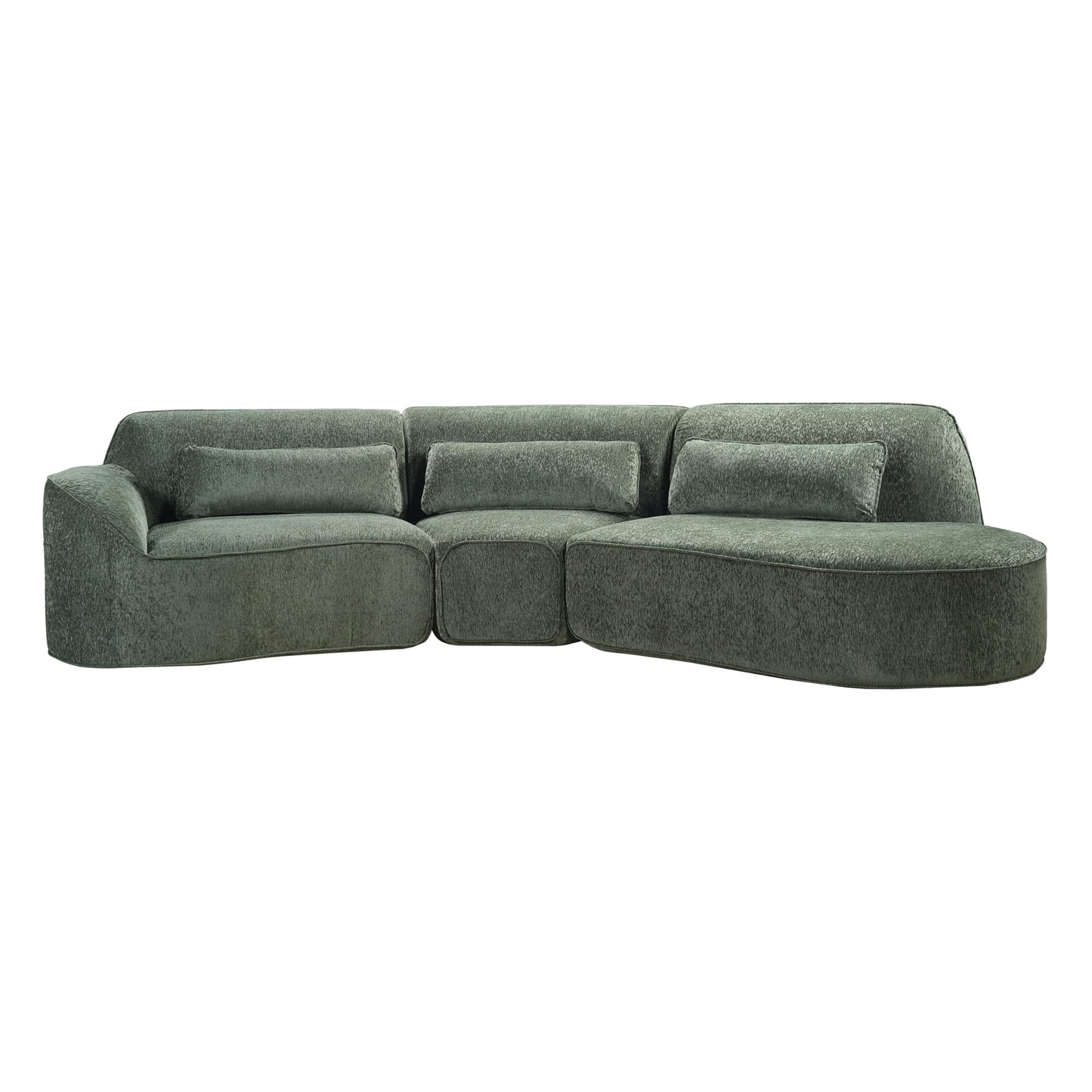 Merax 123.23" Curved Polyester Sectional Sofa Set, Modern Cloud Couch with Chaise Lounge & 3 Pillows & Right Hand Facing, High-Density Fully Compressed Sponge, Fully Assembled for Living Room, Green