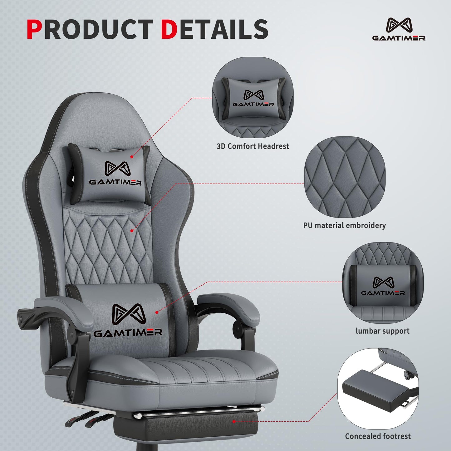 Gamtimer Gaming Chair with Footrest, Ergonomic Computer Chair, PU Breathable Material with Headrest and Lumbar Support, Suitable for Silla Gamer and Adults（Grey）