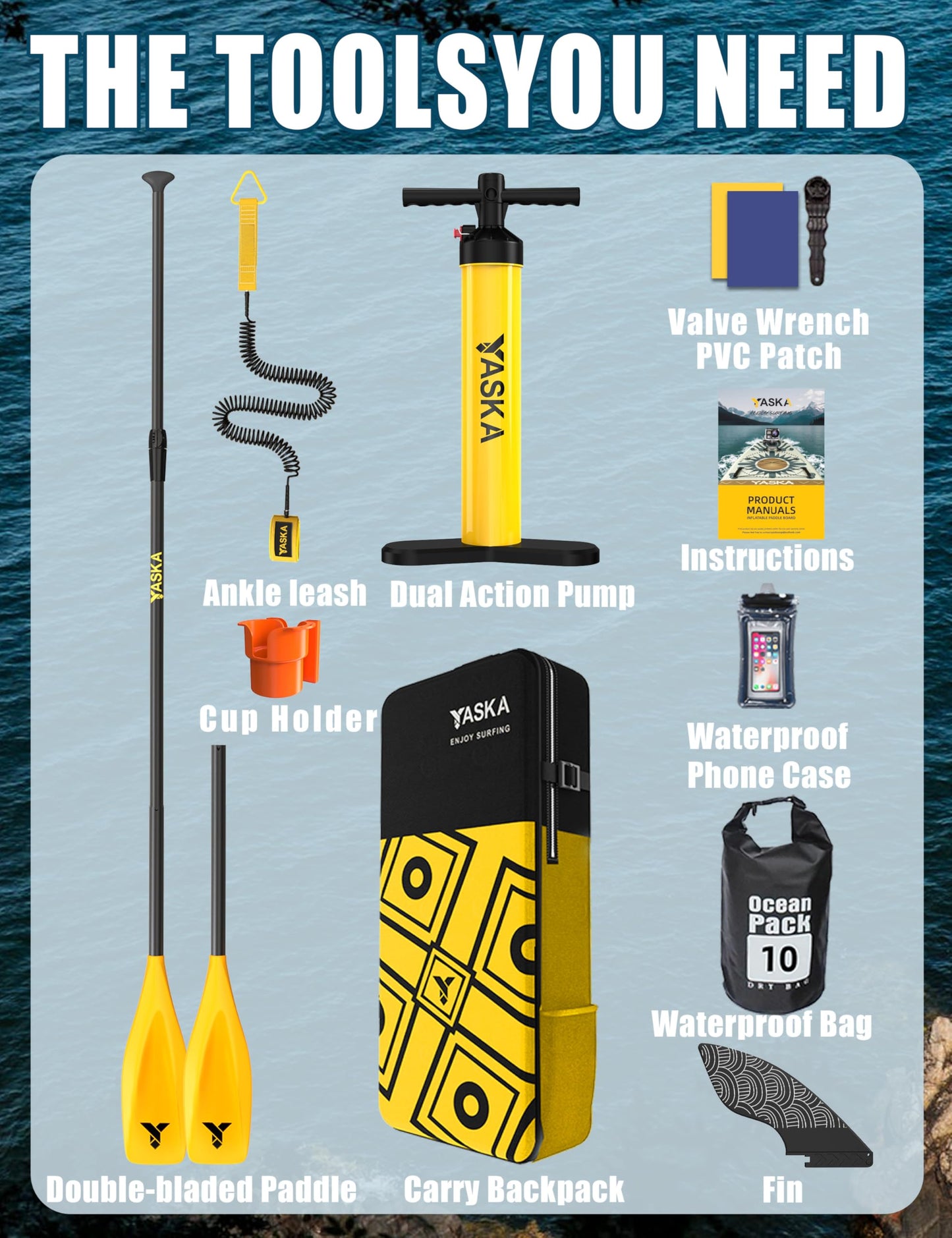 YASKA Inflatable Stand up Paddle Board 11ft with Premium SUP Accessories,Extra Wide Design Non-Slip Paddleboard for Beginner Adults Advenor Yoga Fishing
