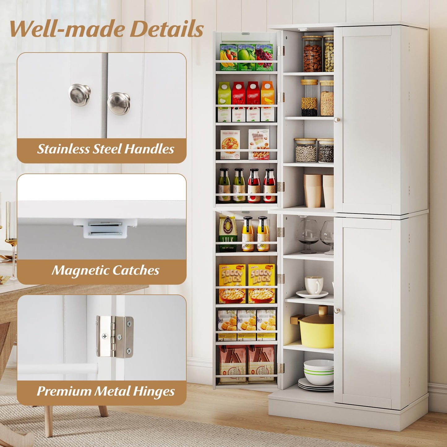 Giantex Kitchen Pantry Cabinet, 65.5" Tall Kitchen Hutch w/8-Tier Storage Cabinet, 16-Tier Door Shelves & Adjustable Shelves, 4-Door Freestanding Buffet Sideboard for Dining Room, Living Room, White
