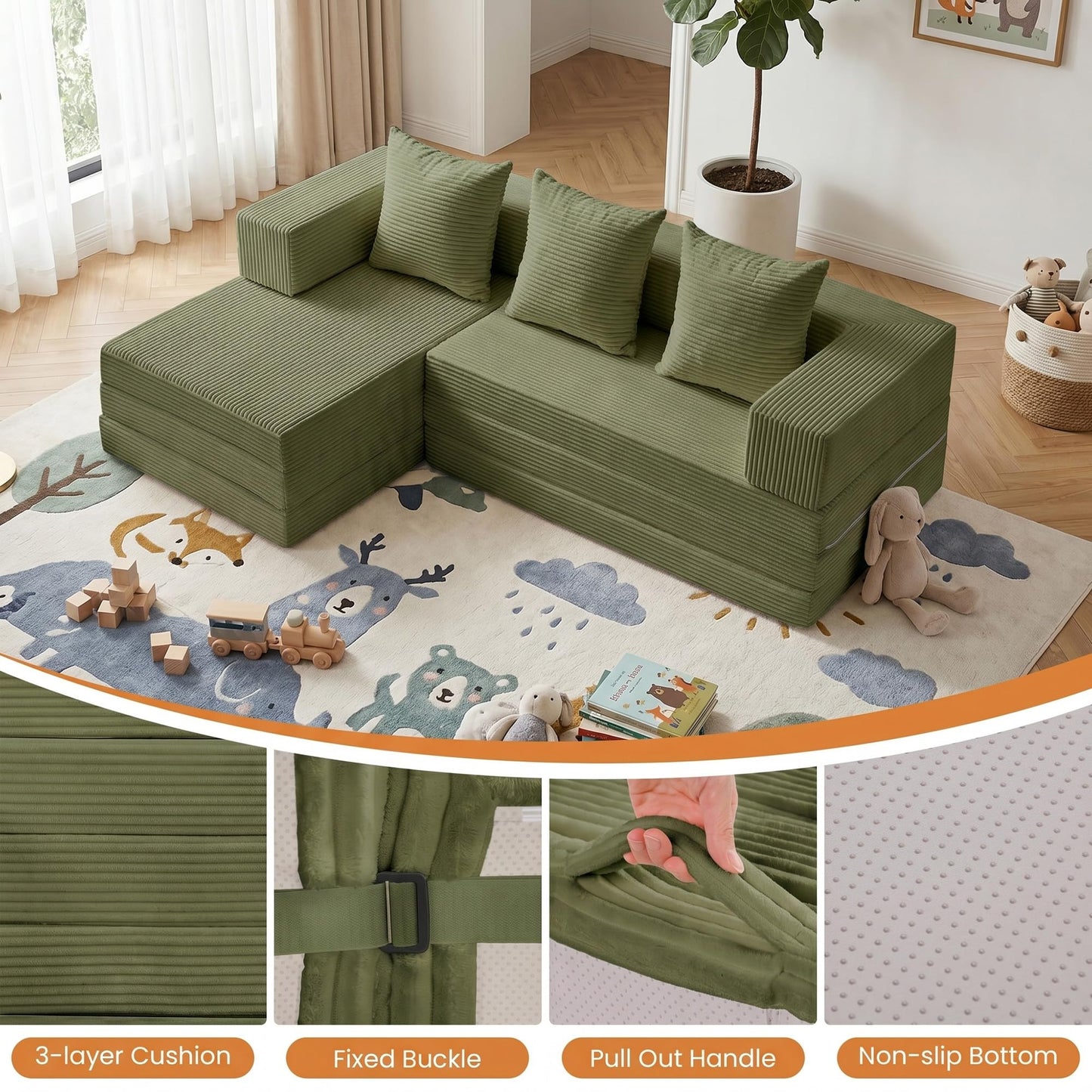 65" Modular Sectional Sofa, Boneless Convertible Sleeper Sofa Bed, Modern Tri-Folding Cloud Couch with L-Shape Chaise, Corduroy Futon Couches for Living Room Small Spaces Apartment,No Assembly,Green
