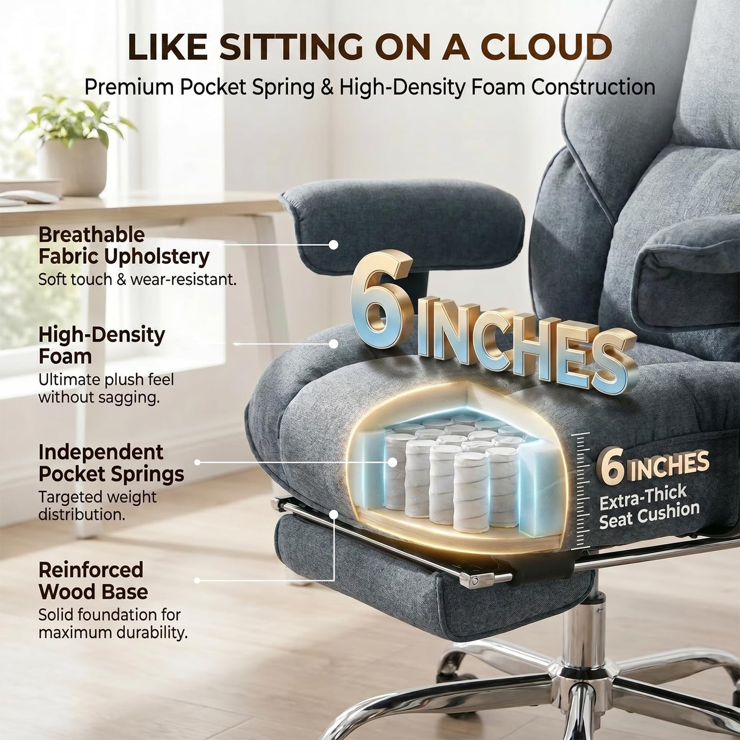 mokodo Ergonomic Office,Fabric Executive Desk Chair with Pocket Spring Cushion, 155° Reclining Computer Chair, Big and Tall Heavy Duty Seat with Adjustable Headrest & Lumbar Support (Dark Blue)