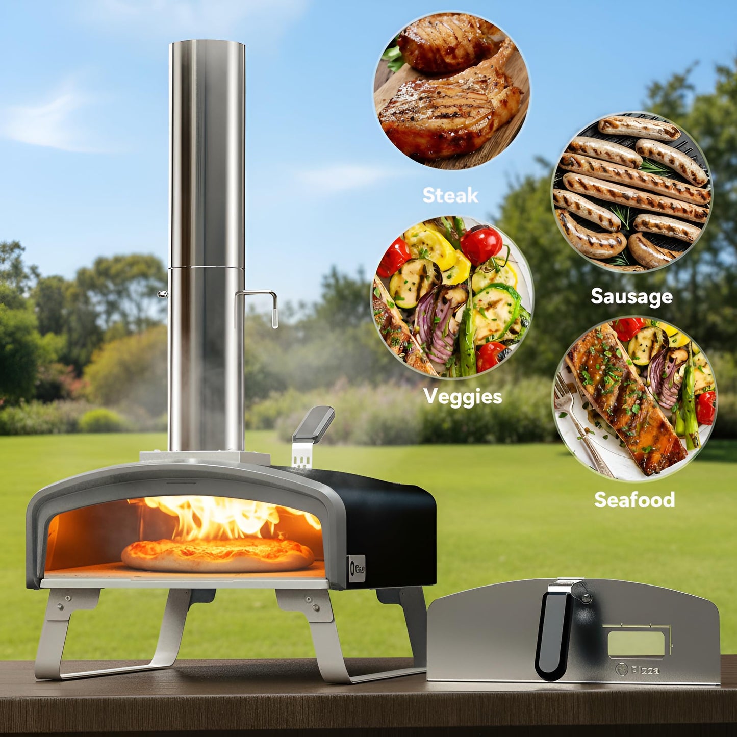 Q Pizza Portable Wood Fire Pizza Oven with Folding Legs, Outdoor Pizza Stove with Chimney for Outdoor Kitchen, Camping, RV, Tailgating, Beach, Backyard Pizza Maker, PS107