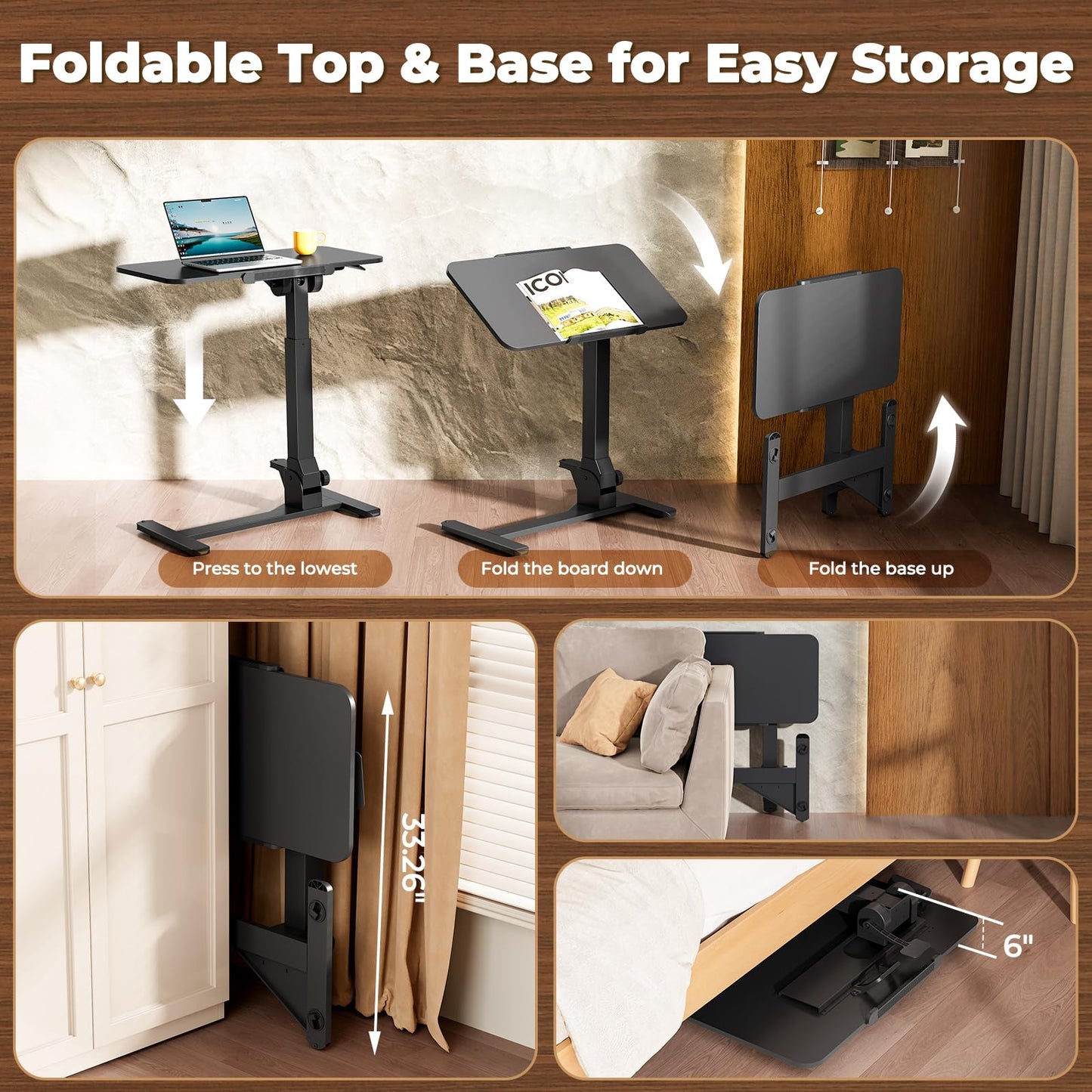 JOY worker Foldable Overbed Bedside Table, 180° Tiltable Mobile Standing Desk with Wheels, 31.5" Pneumatic Height Adjustable Rolling Laptop Desk for Home & Hospital Use, Easy Storage, Black