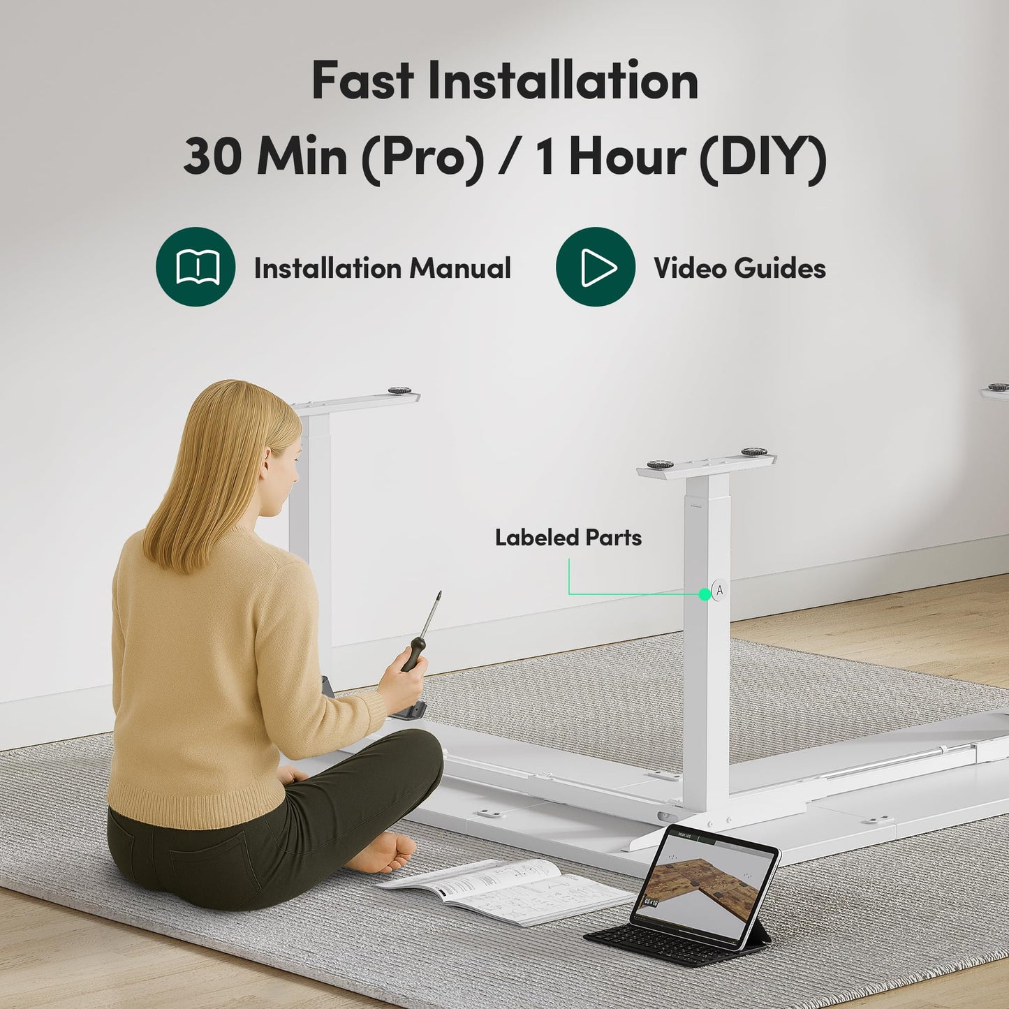 BANTI L-Shaped Standing Desk - 75 x 63 Inch Adjustable Corner Standing Desk with Charging Station - L Shape Sit Stand Table with Memory Controller, Splice Board for Home Office, White