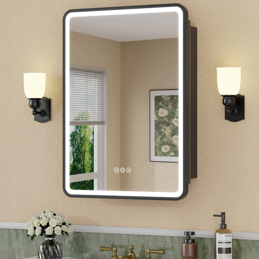 HBEZON 20 x 28 Inch Recessed Medicine Cabinet Mirror with Lights, Wall Mounted LED Bathroom Mirror Cabinet, Dimmable, Anti-Fog, Memory Function, 3 Color Modes, Adjustable Shelf, ETL Certified, Black