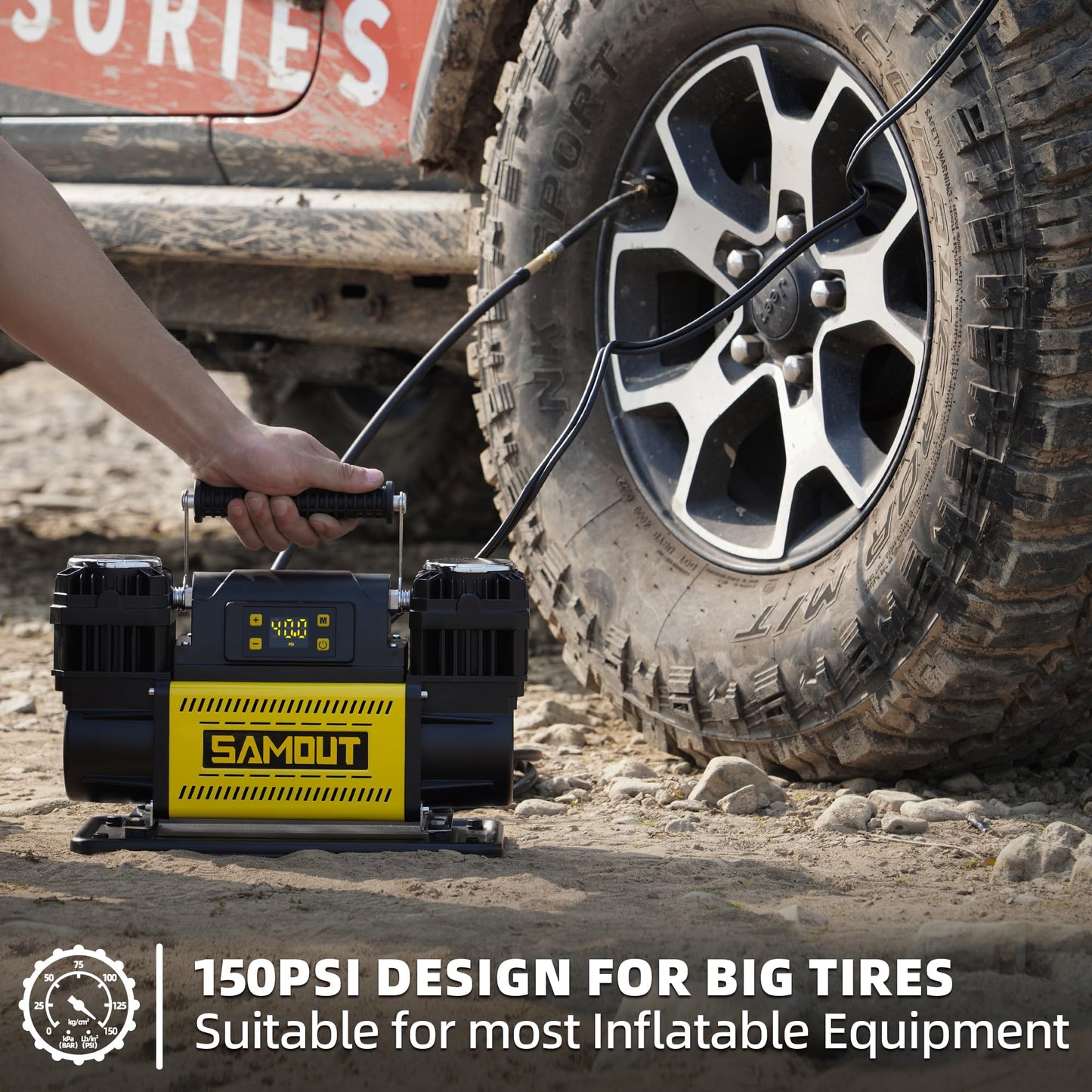 SAMOUT 12V Digital Air Compressor, Offroad Portable Inflator 12.3 CFM, Air Pump Max 150PSI for Heavy-Duty Tires, with LCD Control Panel to Preset Target Pressure, 4x4 Vehicle, SUV, RV