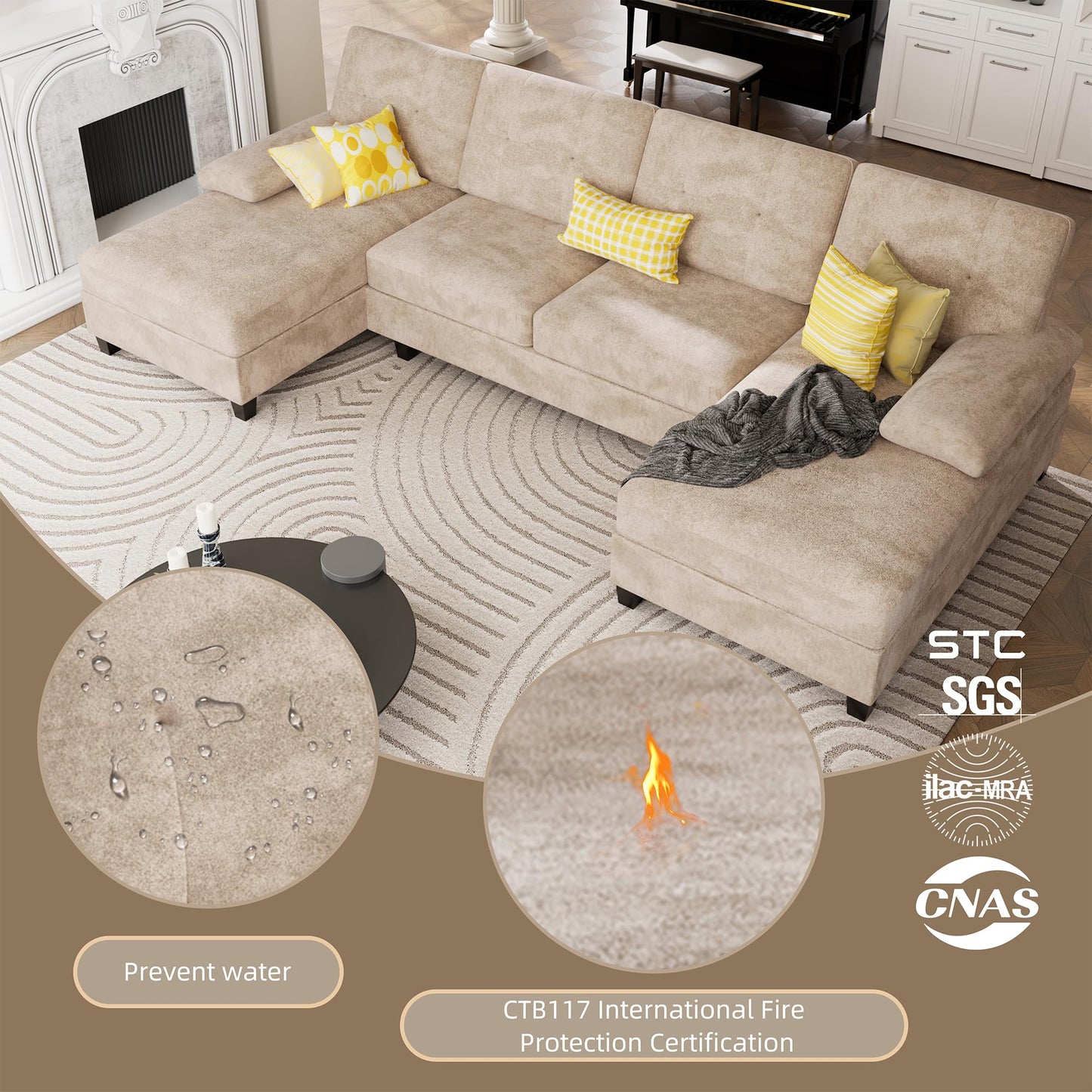 U-Shaped Sectional Couches for Living Room, 4 Seat Sofa with Double Chaise Lounges,Solid Wood Frame Sectional Sofa for Apartment,Beige