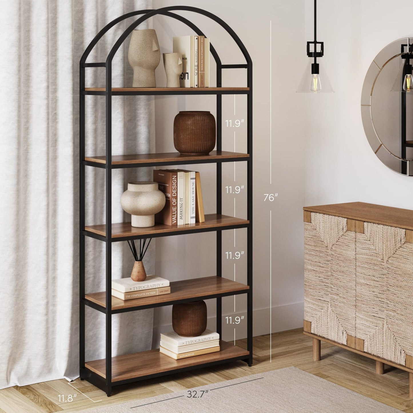 Nathan James Haven Etagere Bookshelf, 5-Shelf Bookcase in Oak Wood and Black Metal Frame with Arch Top and Open Shelves, Oak/Black