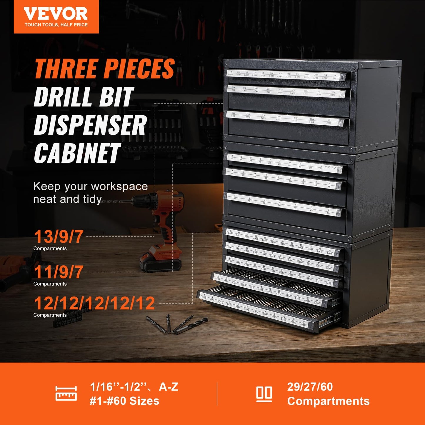 VEVOR Drill Bit Dispenser Cabinet Set, Three-Drawer for 1/16" to 1/2" & Letter Sizes A to Z, Five-Drawer Drill Bit Organizer for Wire Gauge Sizes #1 to #60, 3 Pieces
