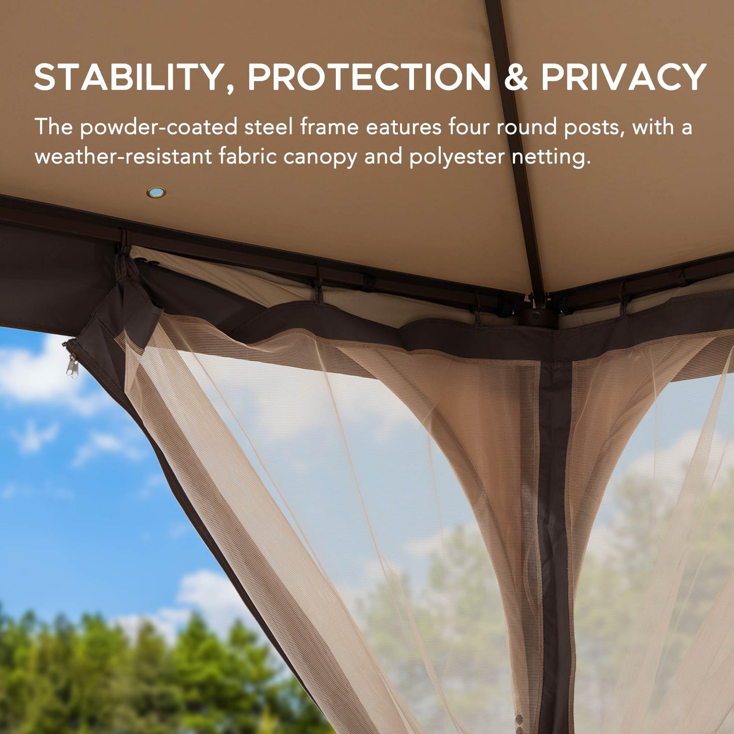 Sunjoy 9 ft. x 9 ft. Gazebo with 2-Tier Canopy Roof, Steel Frame Soft top Gazebo with Ceiling Hook and Mosquito Netting, Tan and Brown
