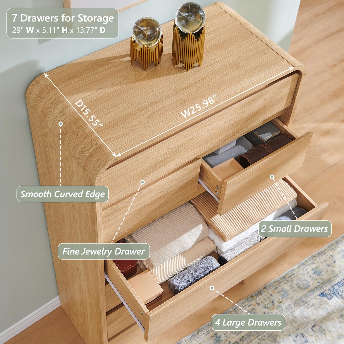 Aitjunz Modern 7 Drawers Dresser for Bedroom, 55" Tall Dressers & Chest of Drawers w/Curved Profile Design, Wood Mid Century Vertical Storage Dressers Organizer for Bedroom, Living Room, Natural Oak