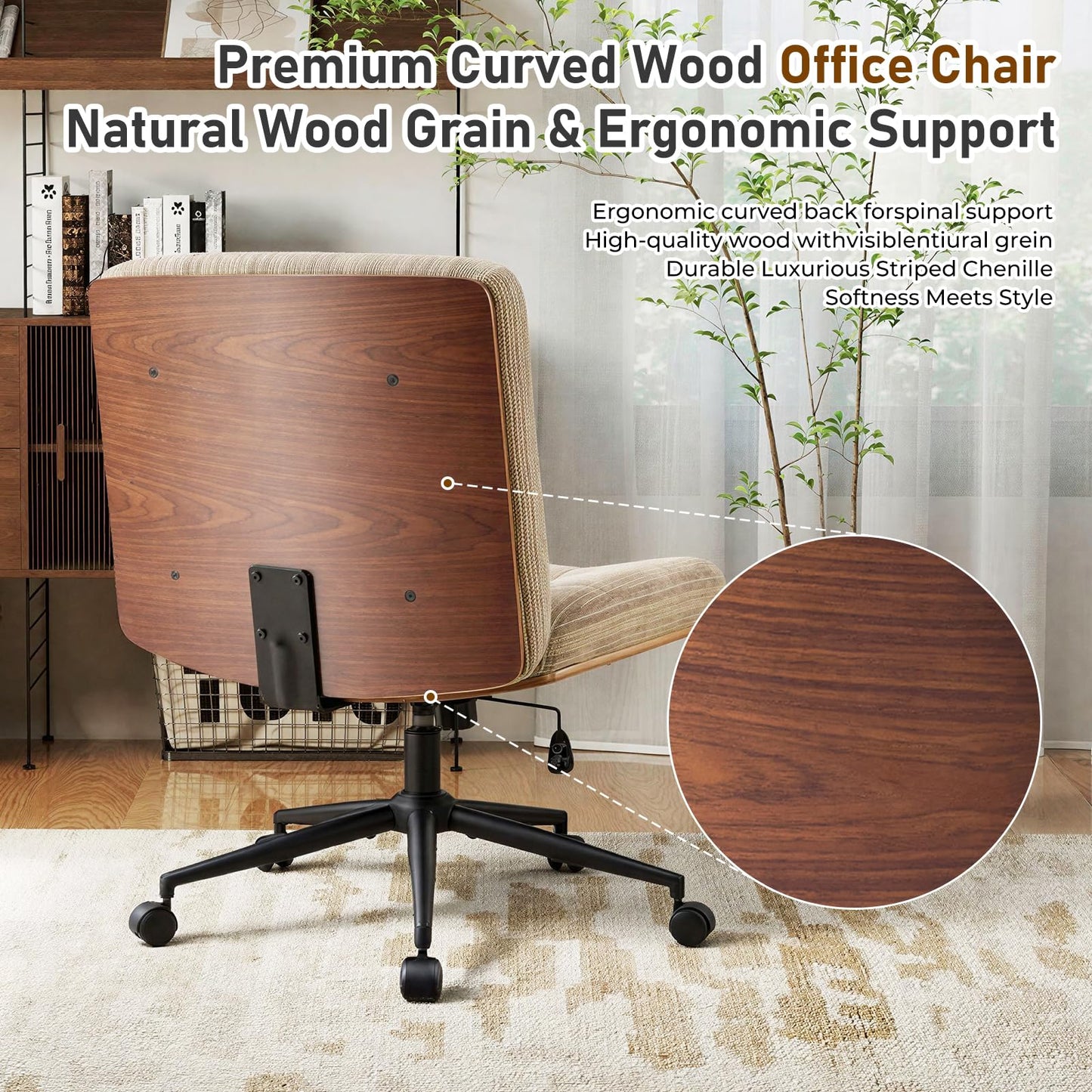 Furnimart Heavy-Duty Curved FSC Wood Desk Chair 360° Swivel, Premium Chenille Criss Cross Chair with Wheels Wide Seat, Comfy Armless Cross Legged Sitting for Bedroom, Office, Vanity (Light Brown)
