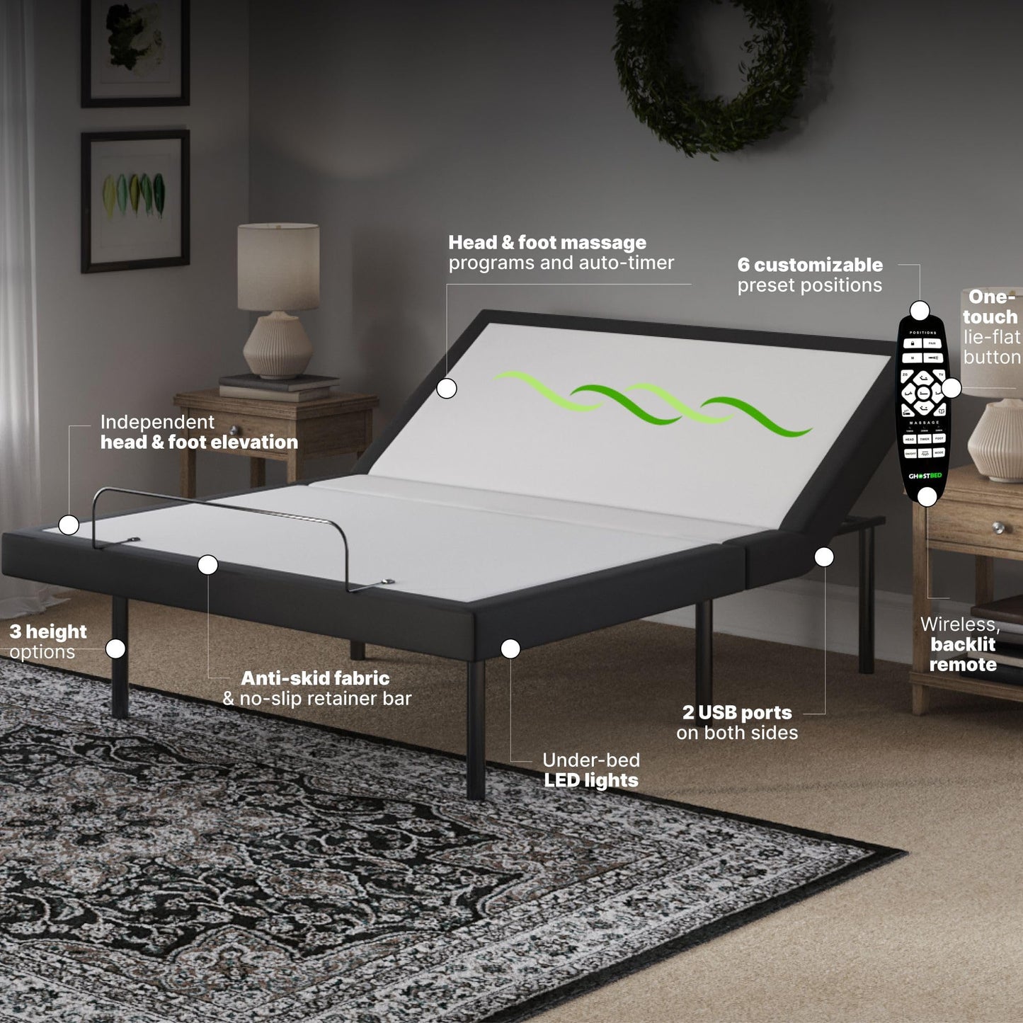 GhostBed Adjustable Bed Frame Power Base with 11" Ultimate Memory Foam Mattress Bundle - Electric Bed Base with Lumbar Support - Zero Gravity and Massage Settings - Queen