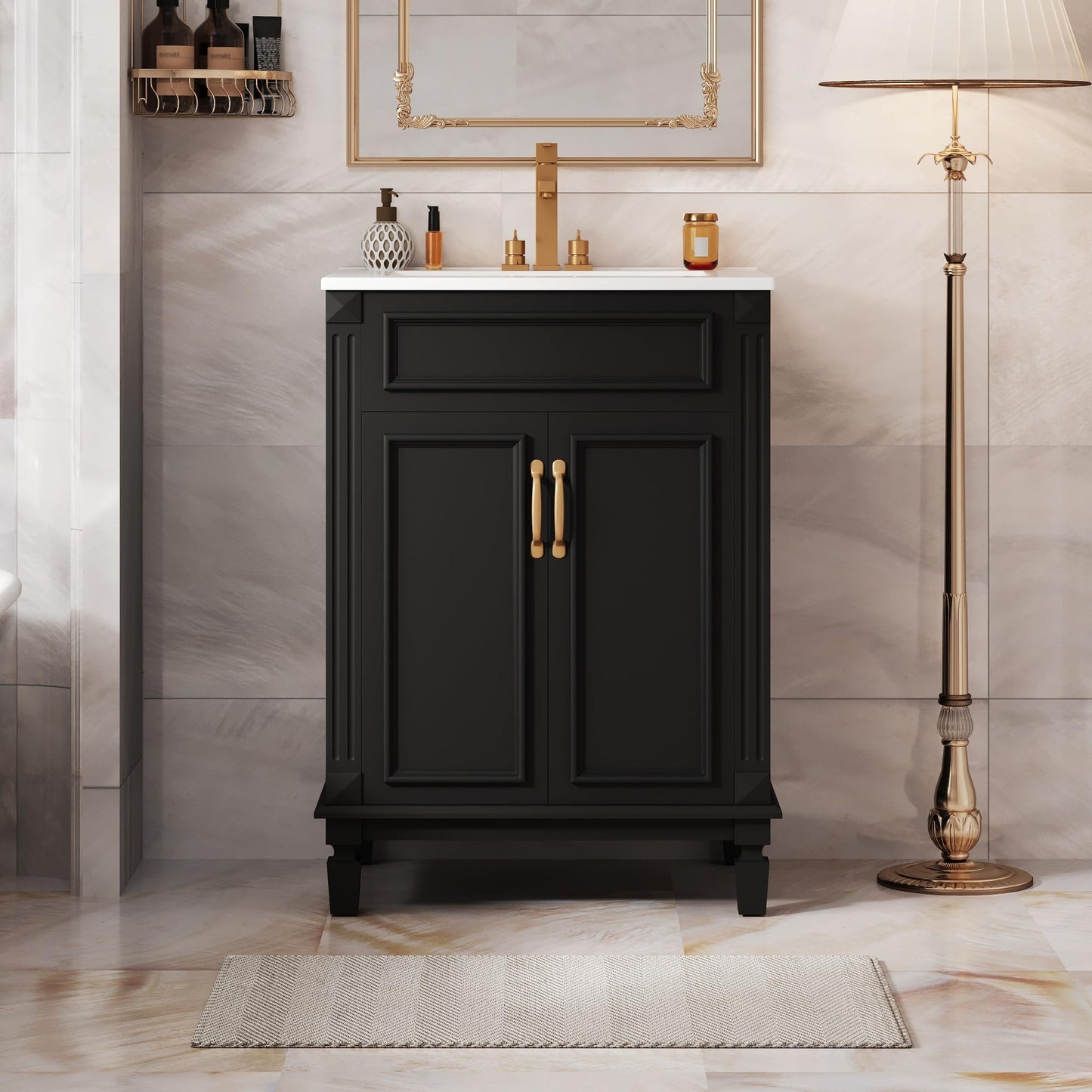 Merax 24 Inch Bathroom Vanity with Ceramic Sink, Modern Solid Wood Storage Cabinet with 2 Soft-Closing Doors and Adjustable Shelf, Black