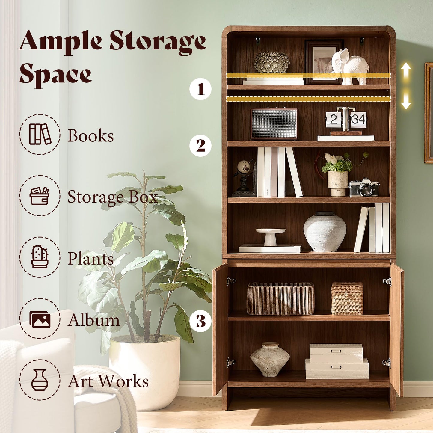 AMERLIFE 71“ Modern Bookcase with Storage Cabinets, 6-Tier Wood Bookshelf with Doors & Adjustable Shelves, Curved Design Display Cabinet for Living Room, Bedroom, or Home Office, Rustic Brown