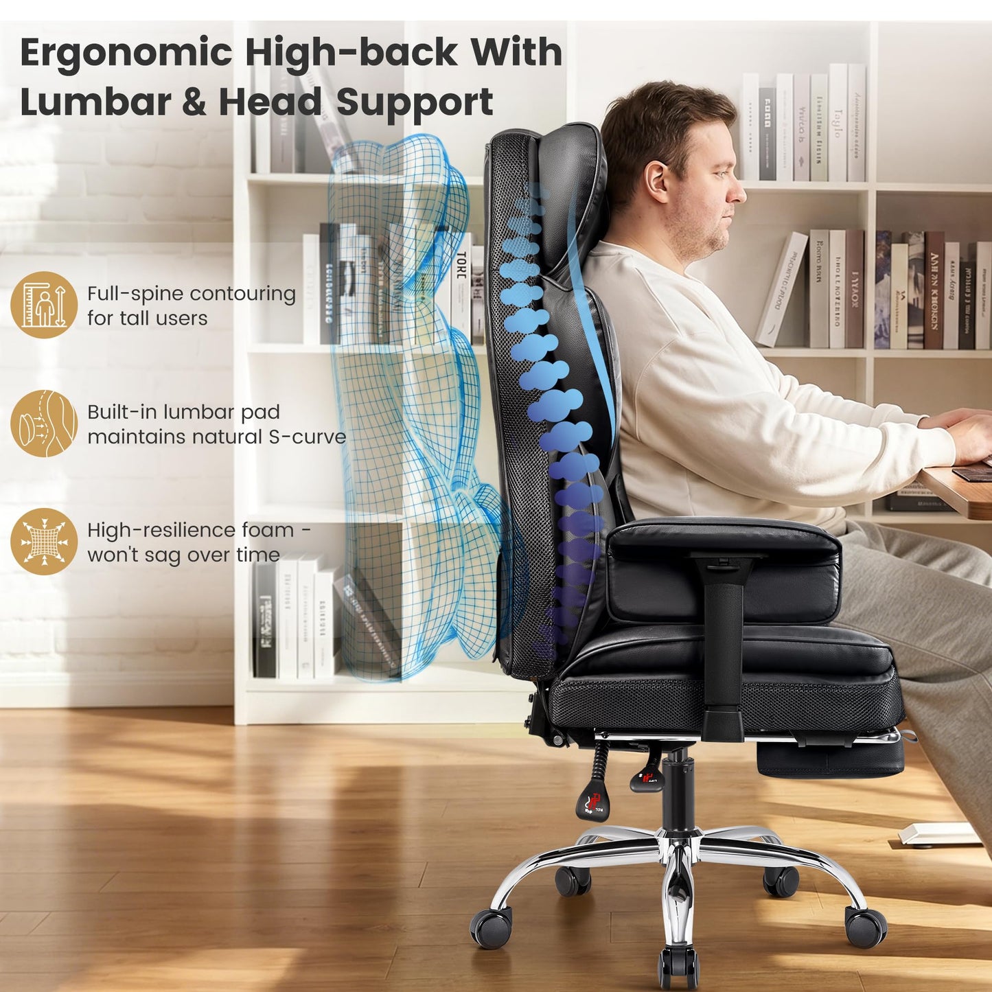 Stella Mia Big & Tall Office Chair – 21.3" Wide Seat High Back Ergonomic Executive Chair with Retractable Footrest, Heavy Duty Computer Gaming Chair for Heavy People, Black 2 Pack