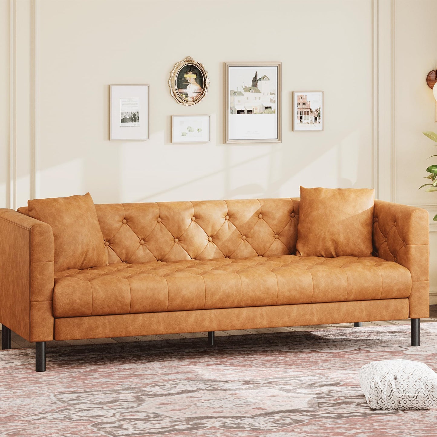 MilleLoom Mid Century Modern Leather Sofa 81 Inch, Chesterfield Style 3 Seat Couch with Deep 26" Seats, Button Tufted Upholstery, Includes 2 Pillows for Living Room, Apartment or Office, Orange