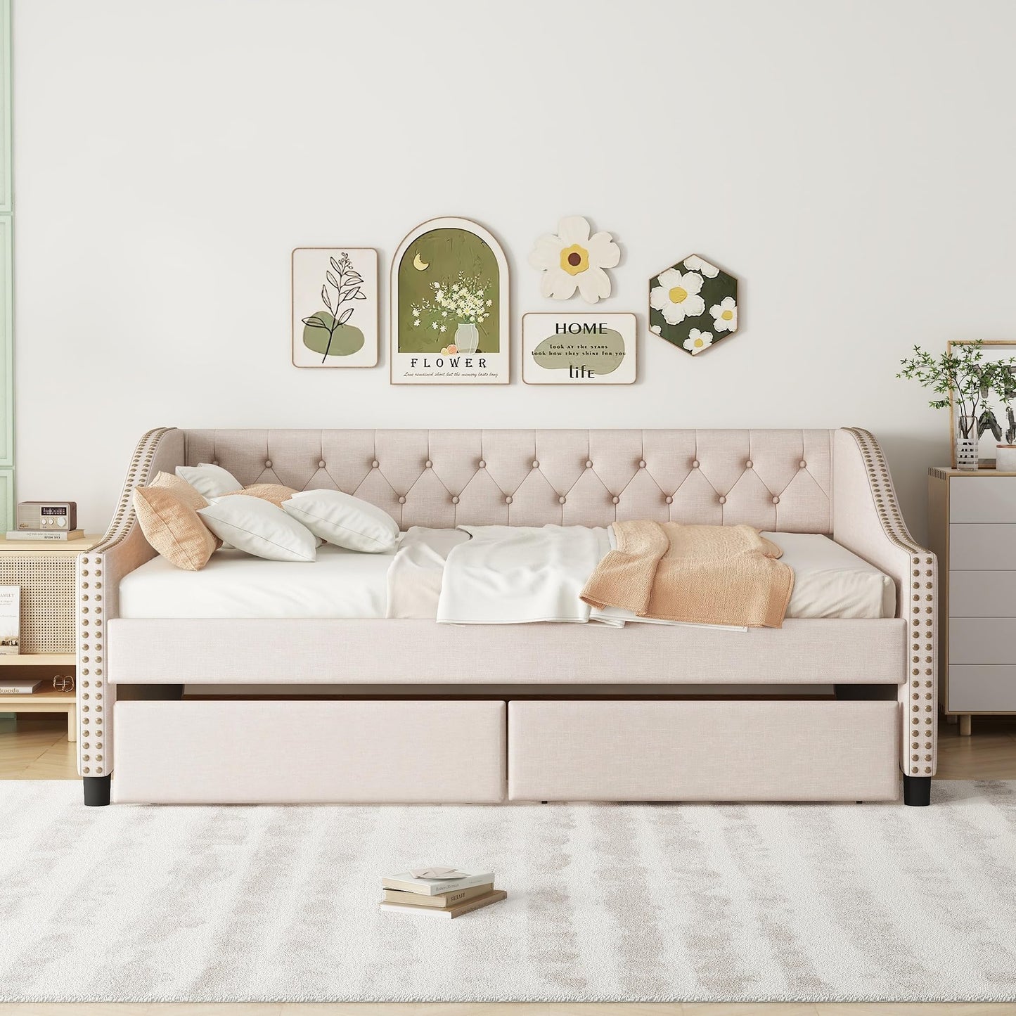 Daybed Frame Full Size with Storage 2 Drawers and Button Tufted, Upholstered Platform Bed, No Box Spring Needed