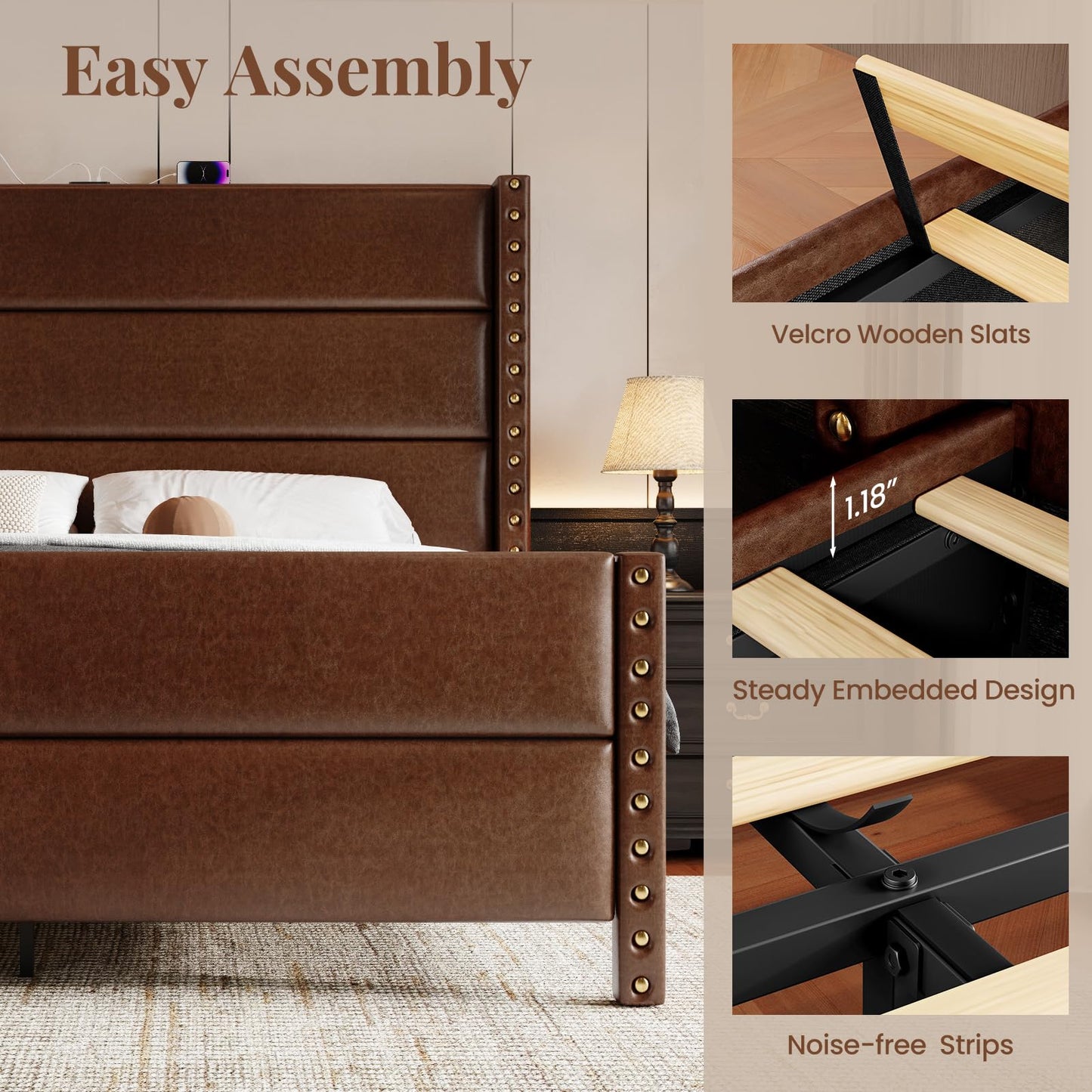 Uteeran King Size Bed Frame with Storage Shelf & Charging Station, 55" Tall Headboard & 25.6" Footboard, Faux Leather Upholstered Platform Bed with Big Rivets Wingback, Heavy Duty & Noise-Free, Brown